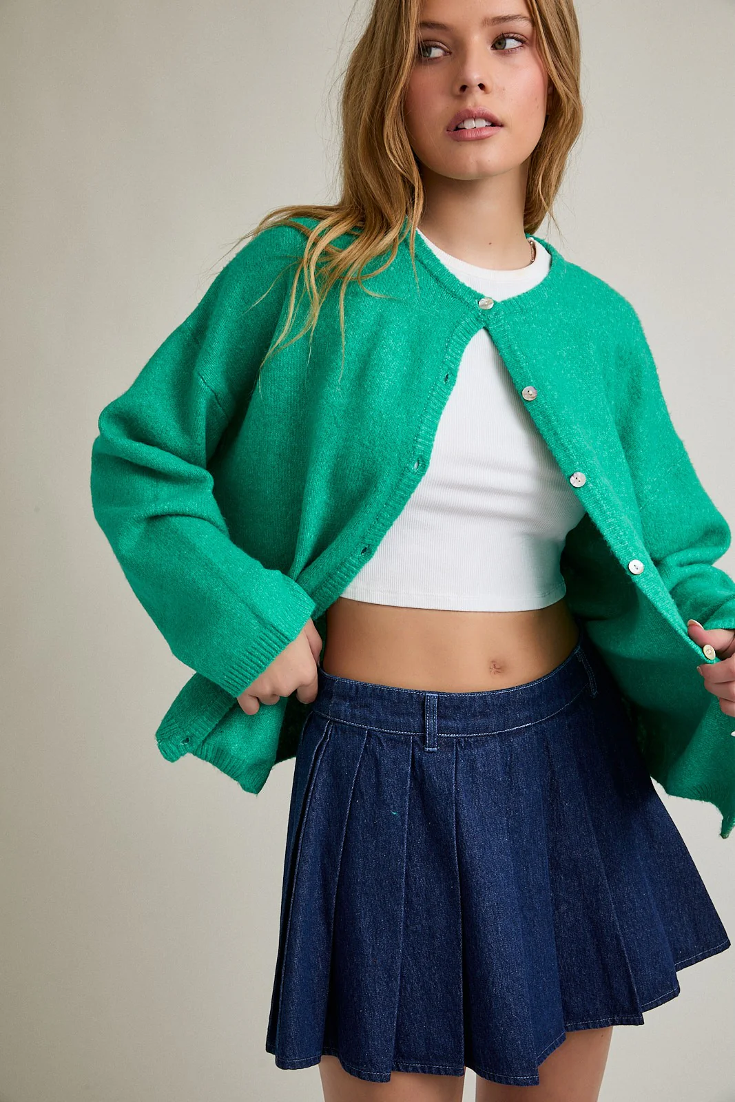 Green Classic Crew Neck Button Cardigan - Image 5