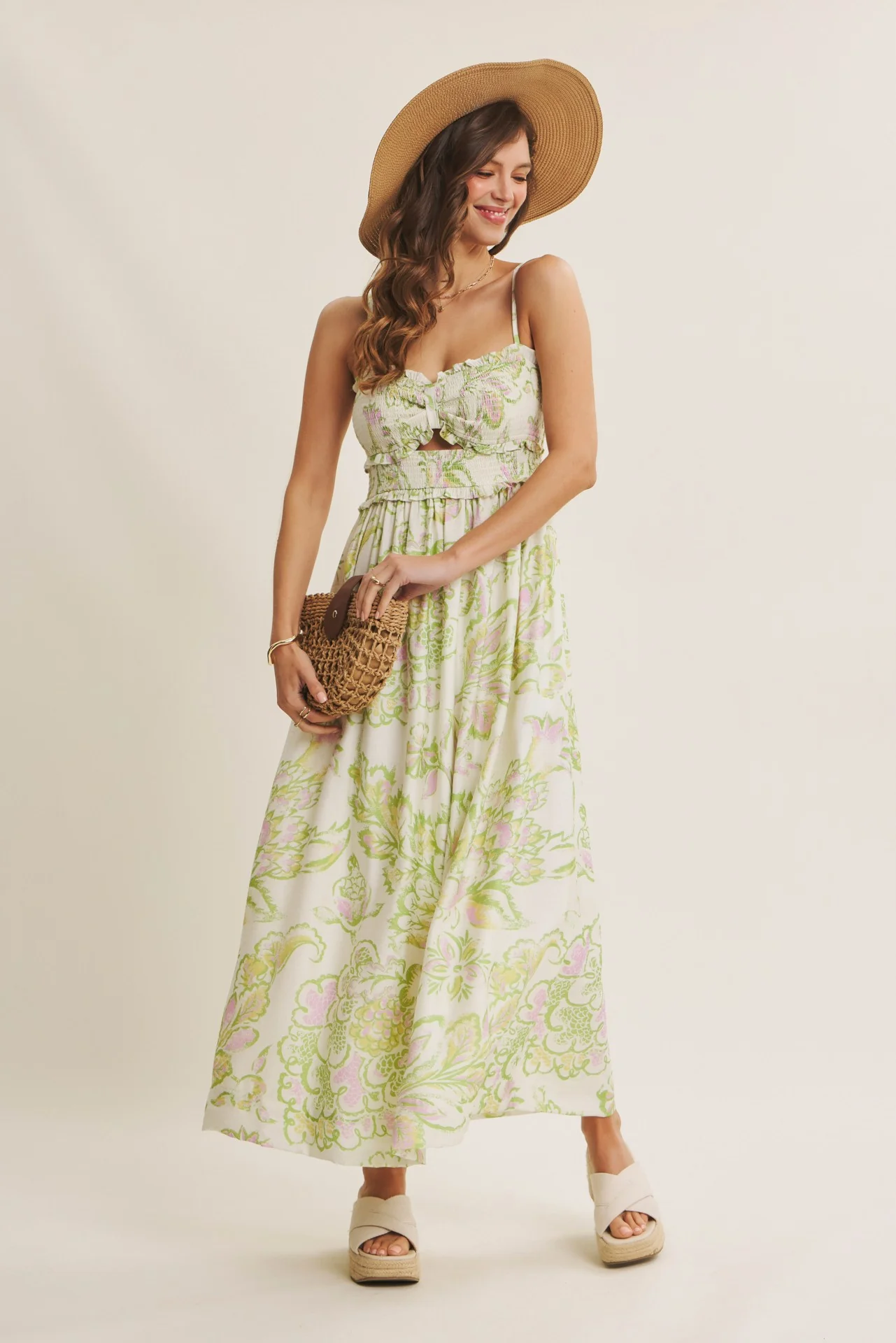 Green Cream Elegant Floral Maxi Dress - Image 5