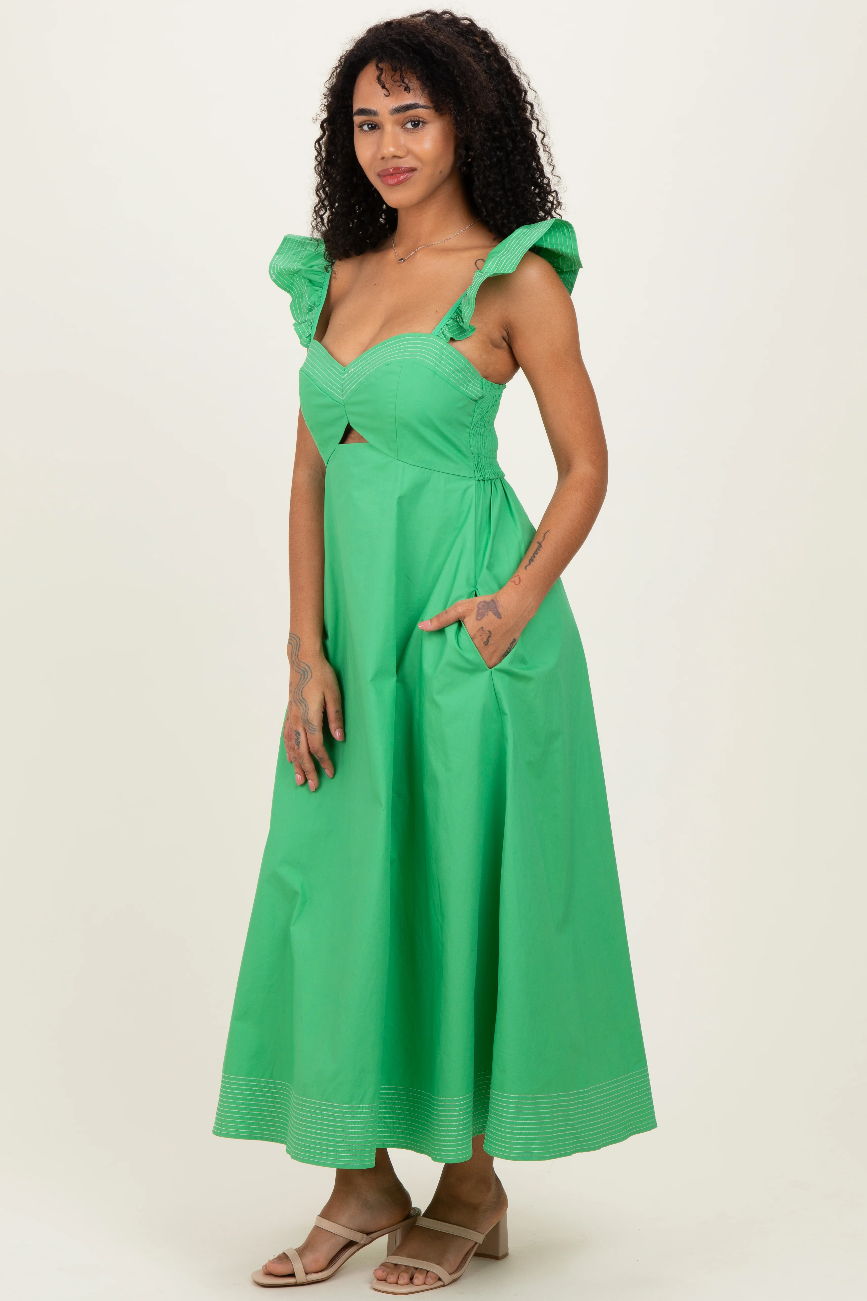 Green Cutout Seam Detail Midi Dress - Image 3