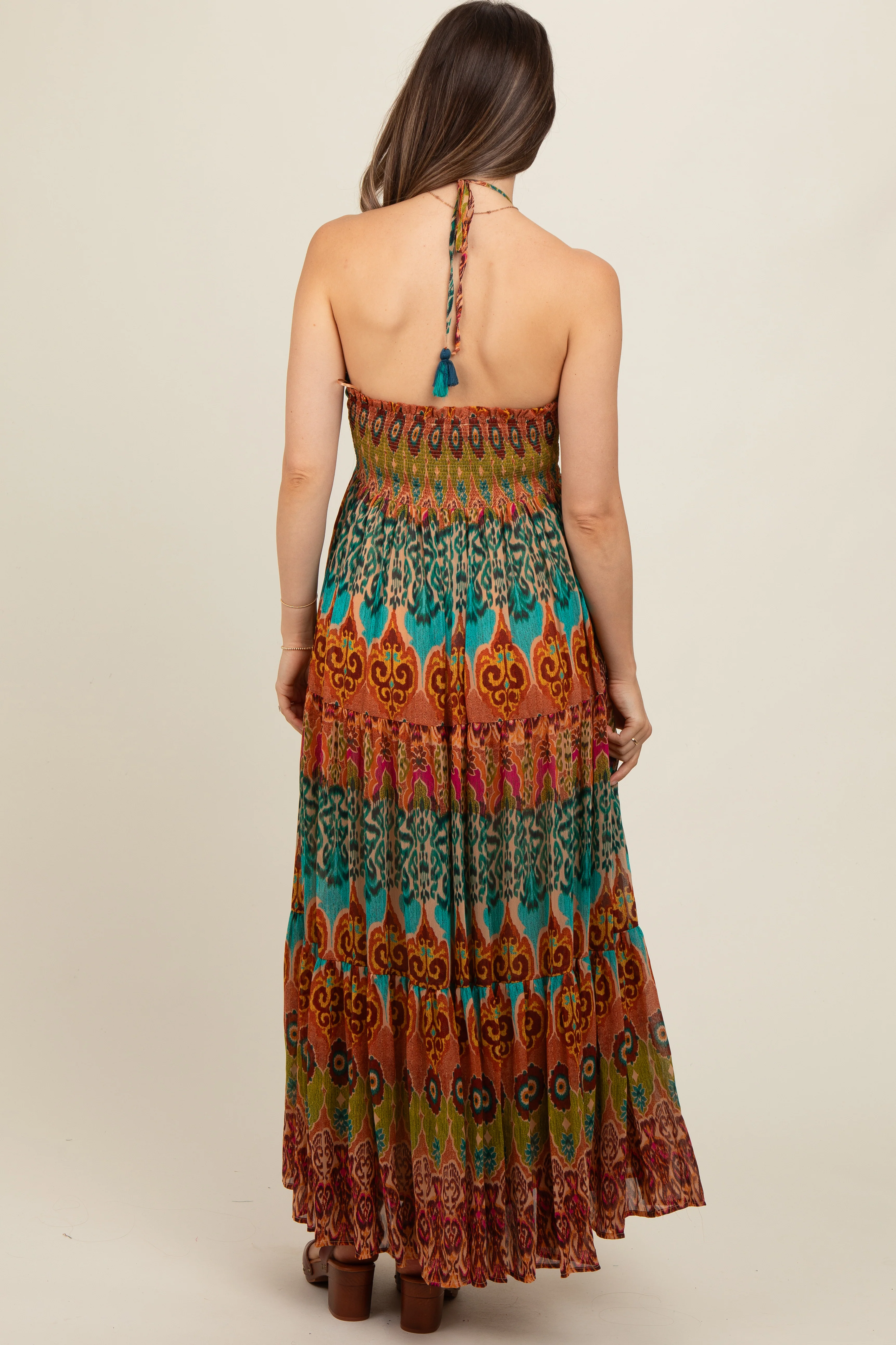 Green Damask Halter Maternity Maxi Dress - Image 2