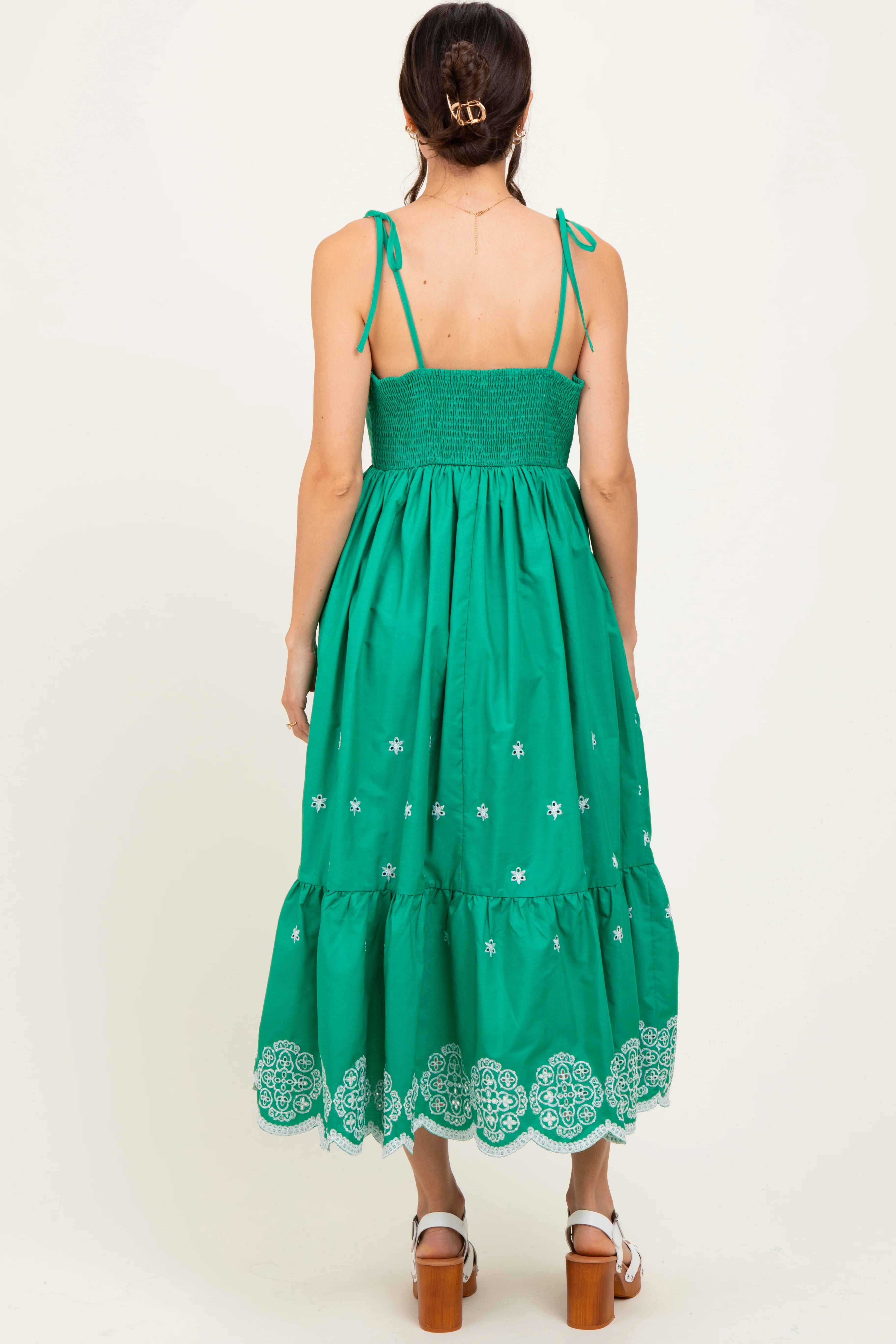Green Embroidered Shoulder Tie Midi Dress - Image 4
