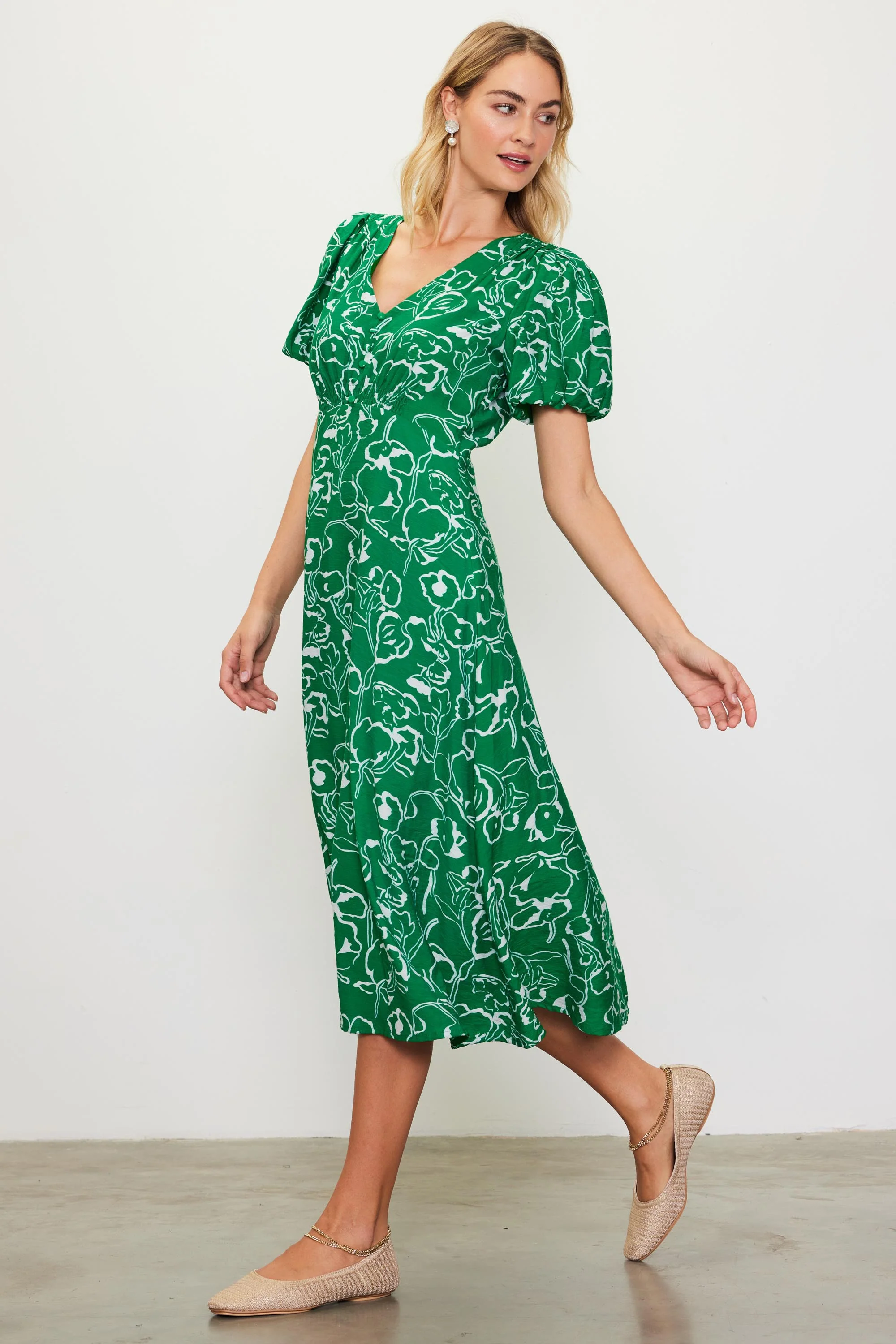 Green Floral Button Front Short Sleeve Midi Dress - Image 2