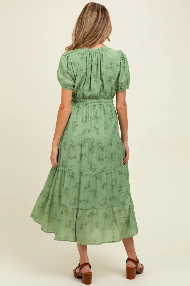 Green Floral Button Front Tiered Maternity Midi Dress - Image 4