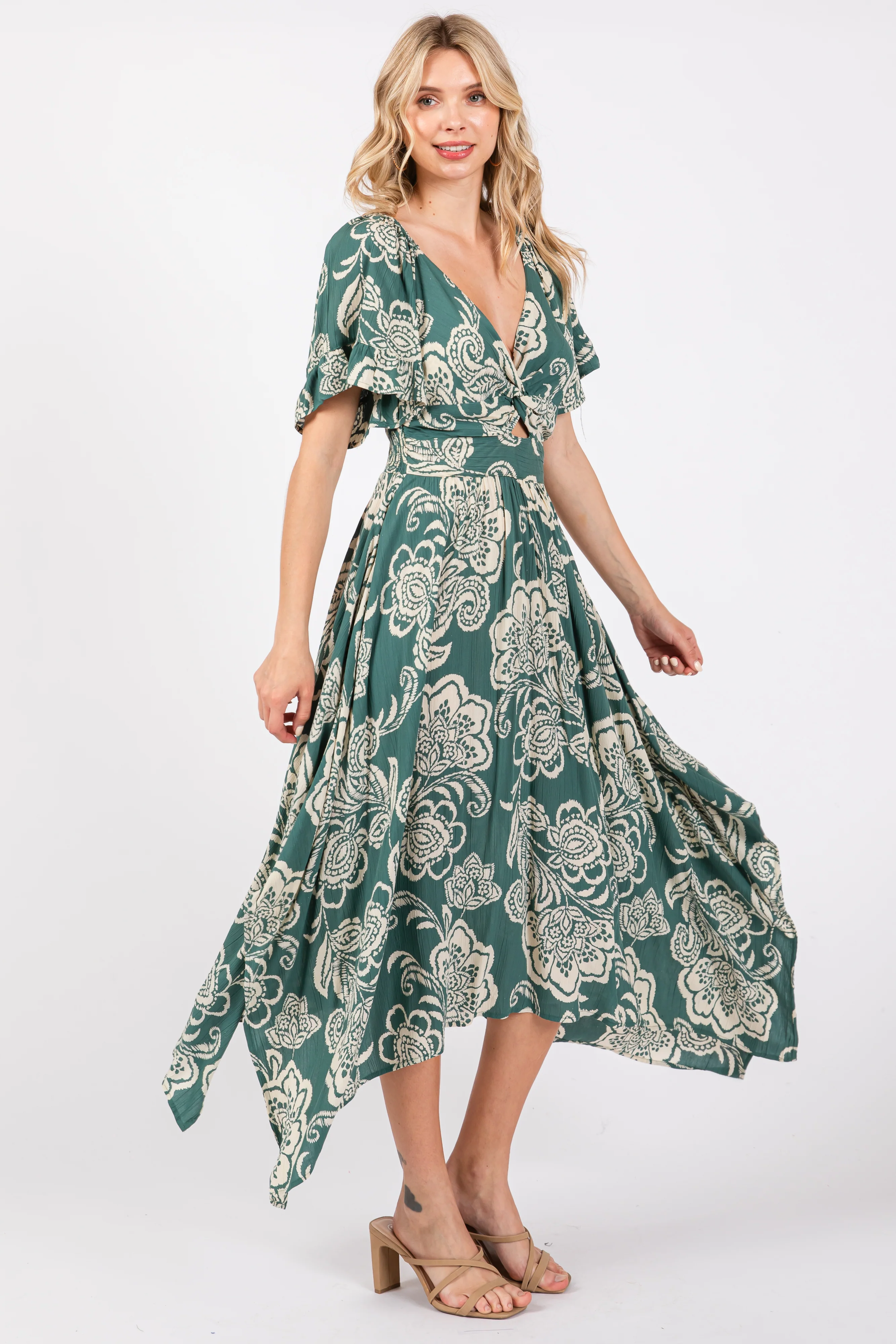 Green Floral Cutout Midi Dress - Image 2