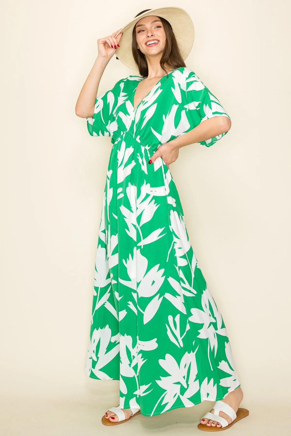 Green Floral Double V-Neck Front Slit Maxi Dress - Image 3