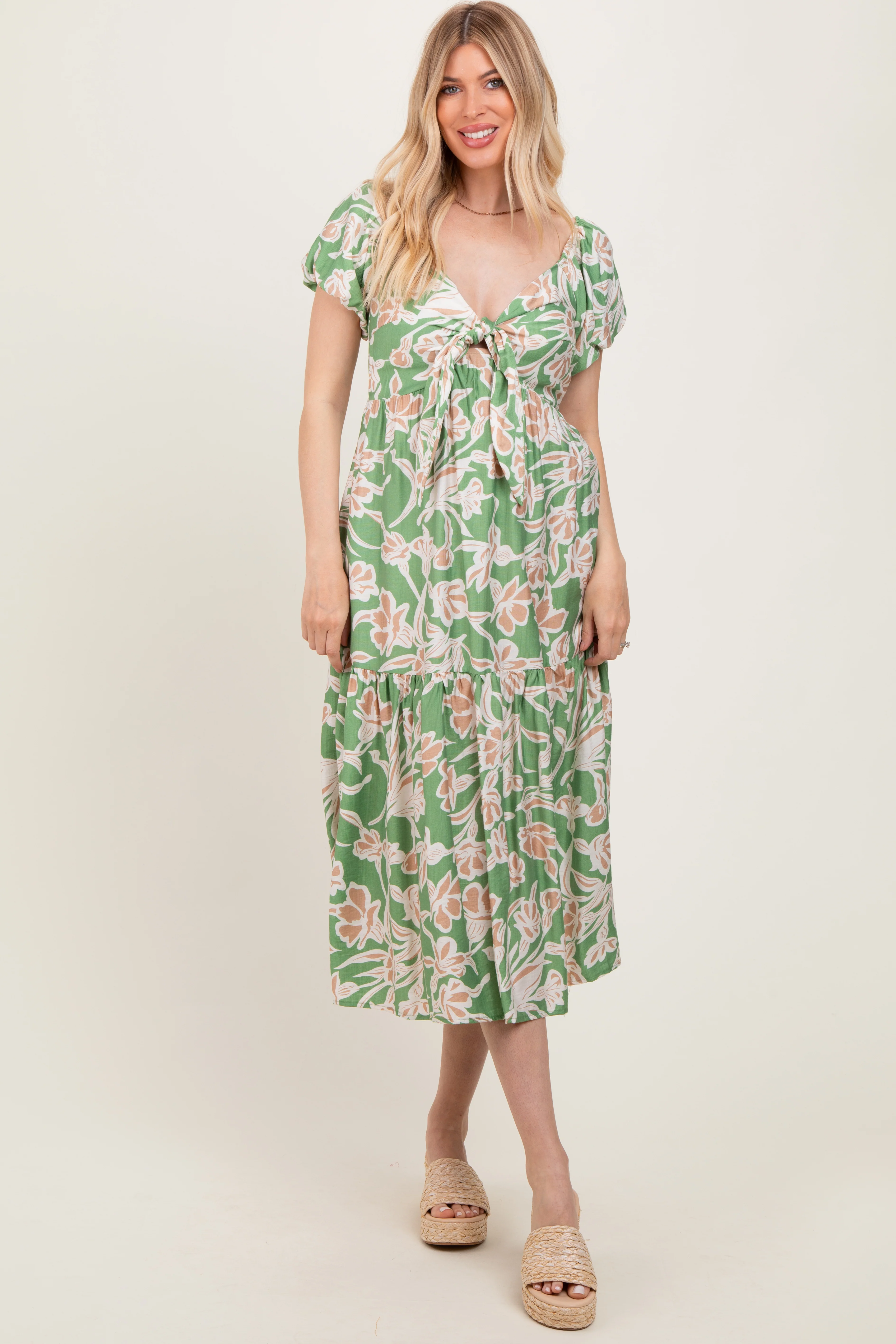 Green Floral Front Tie Maternity Midi Dress - Image 5