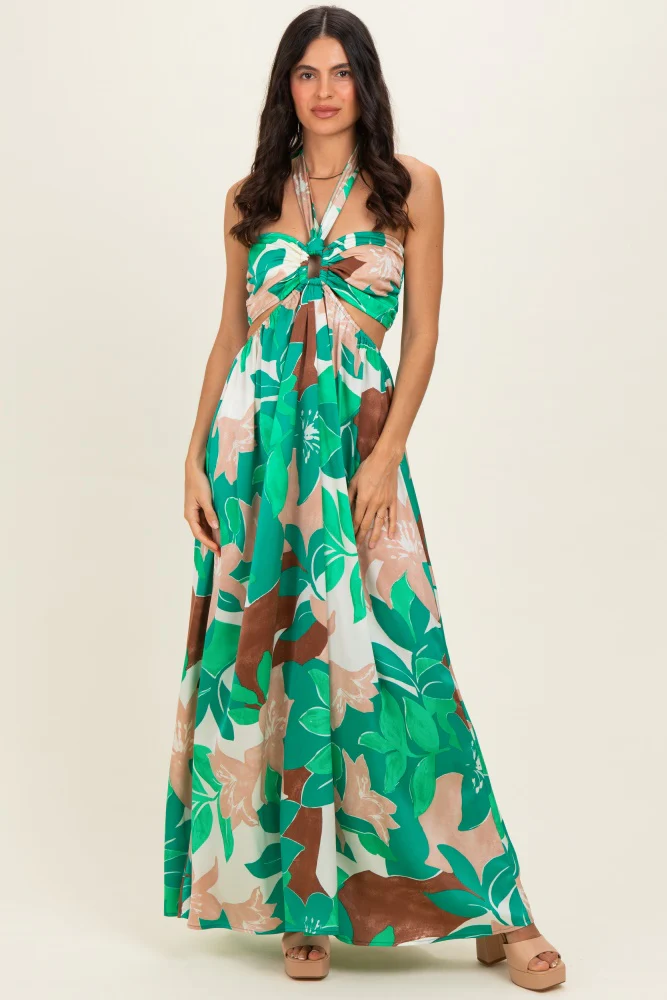 Green Floral Halter Cut Out Maternity Maxi Dress - Image 4