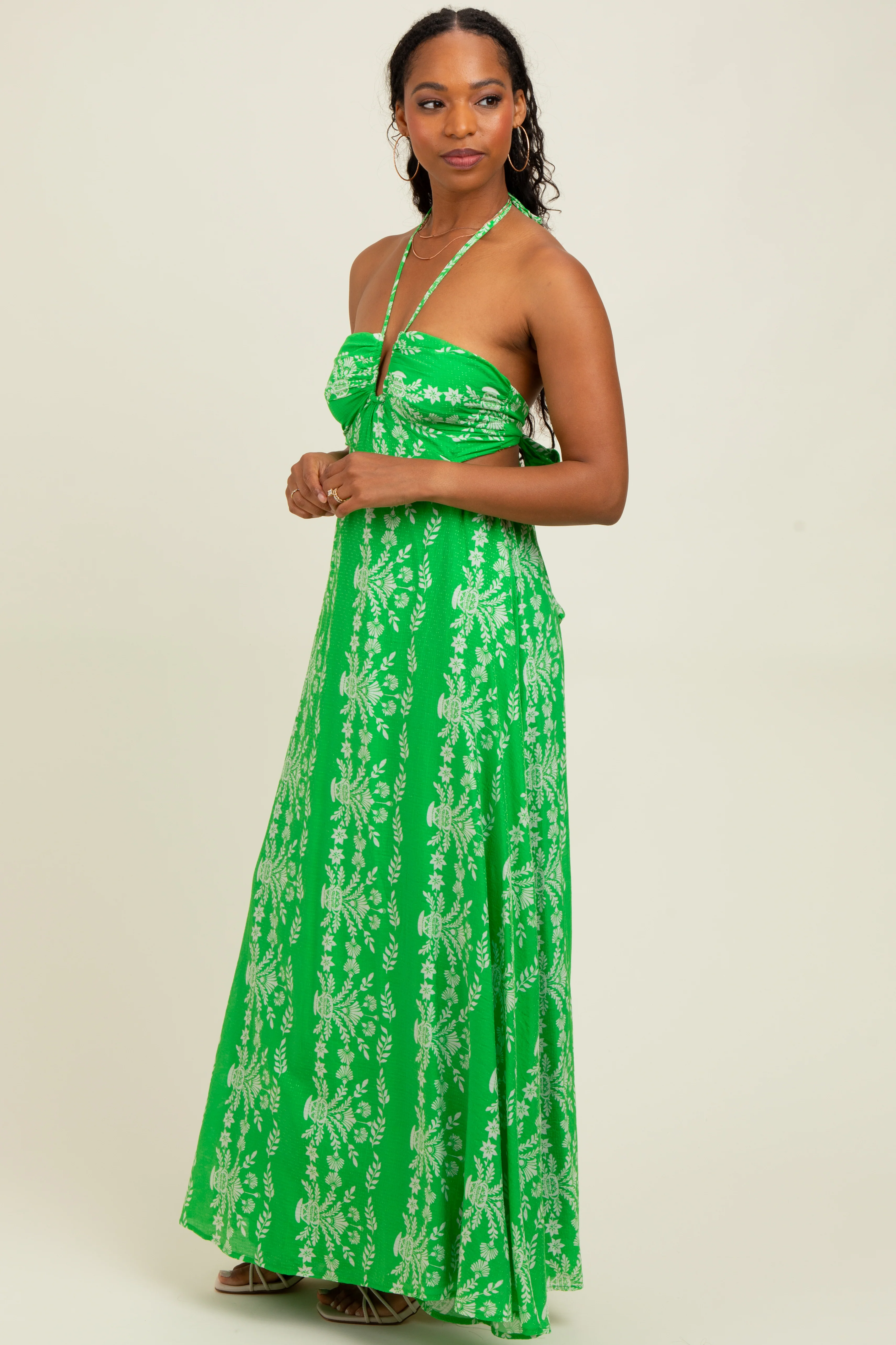 Green Floral Halter Tie Back Cutout Maxi Dress - Image 3