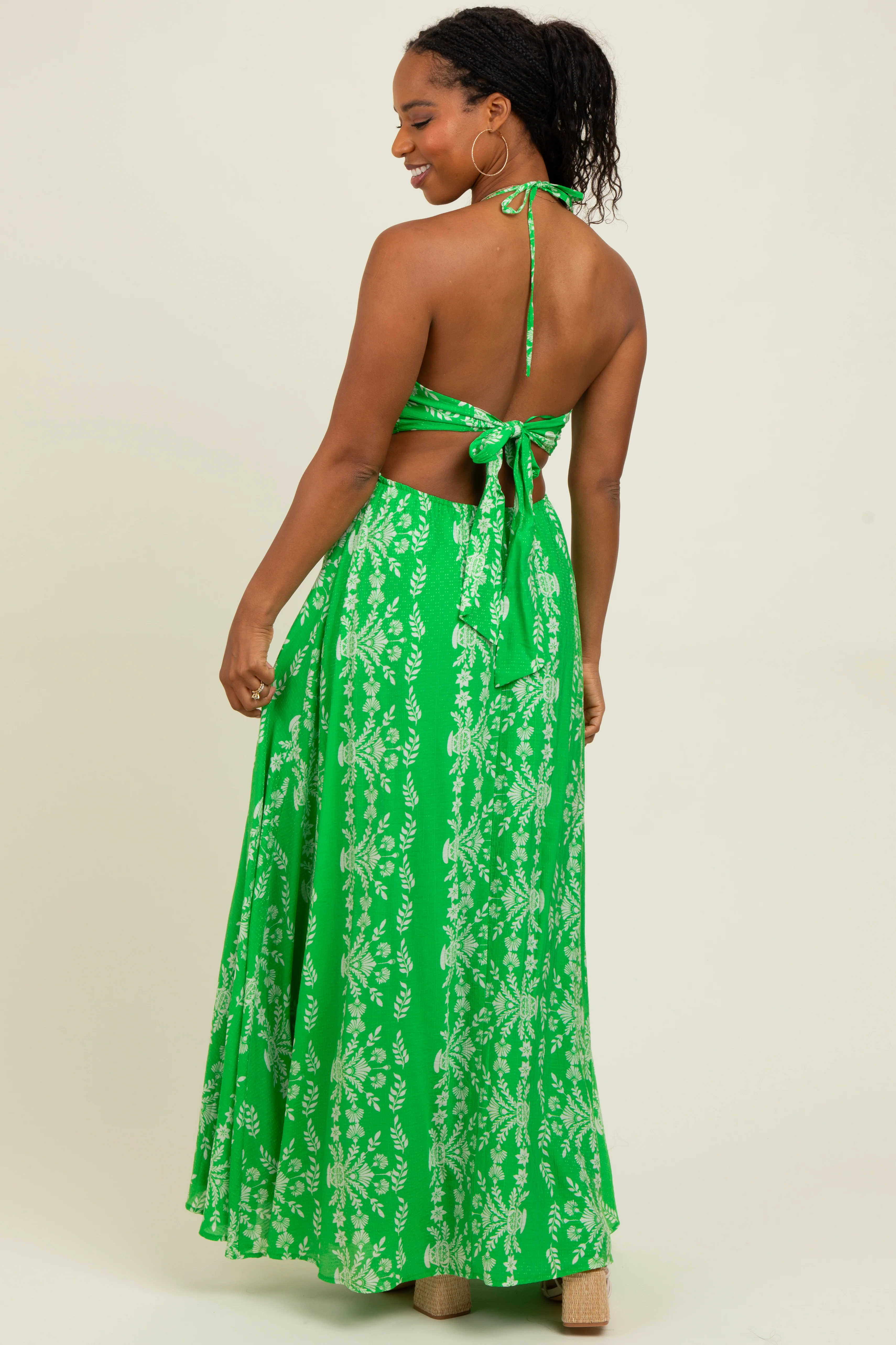 Green Floral Halter Tie Back Cutout Maxi Dress - Image 4