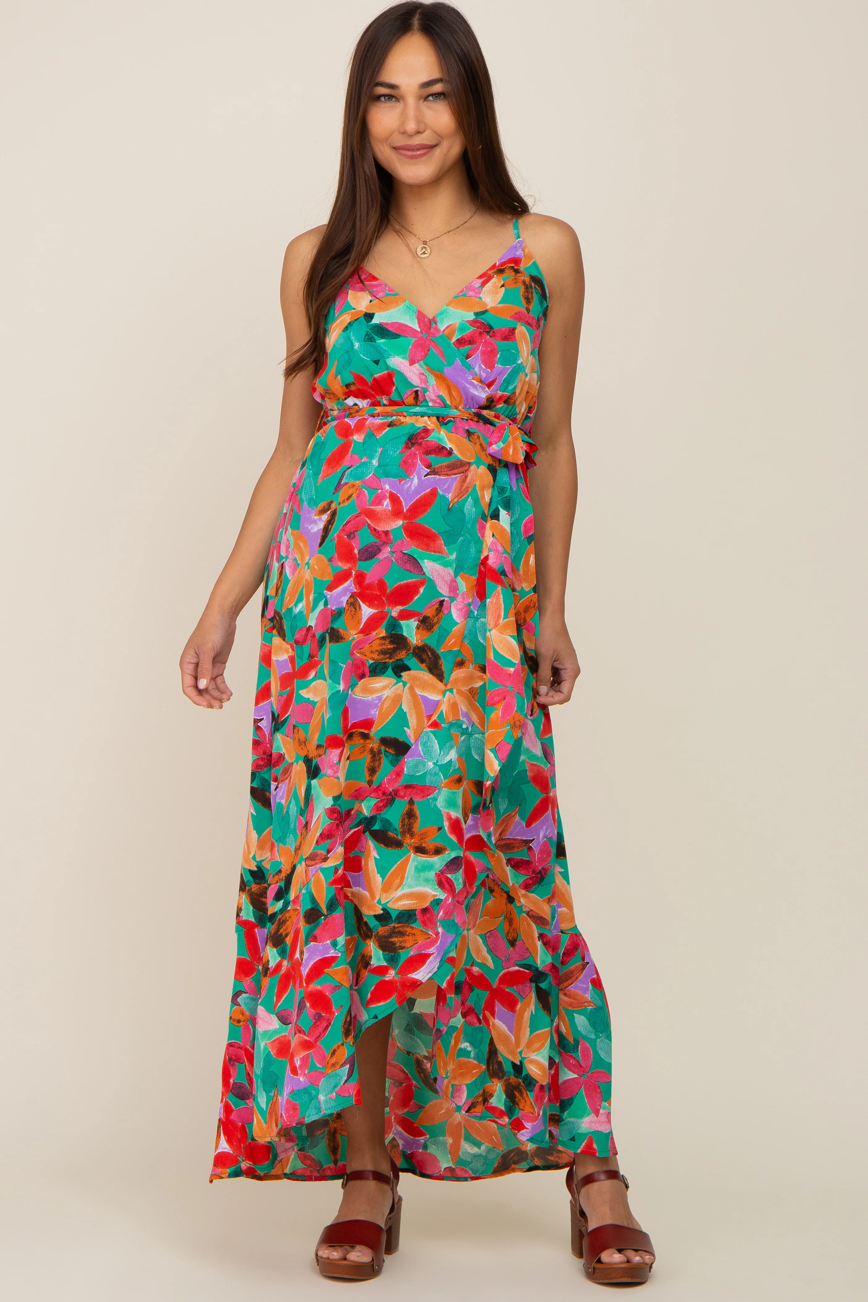 Green Floral Hi-Lo Maternity Wrap Maxi Dress - Image 4