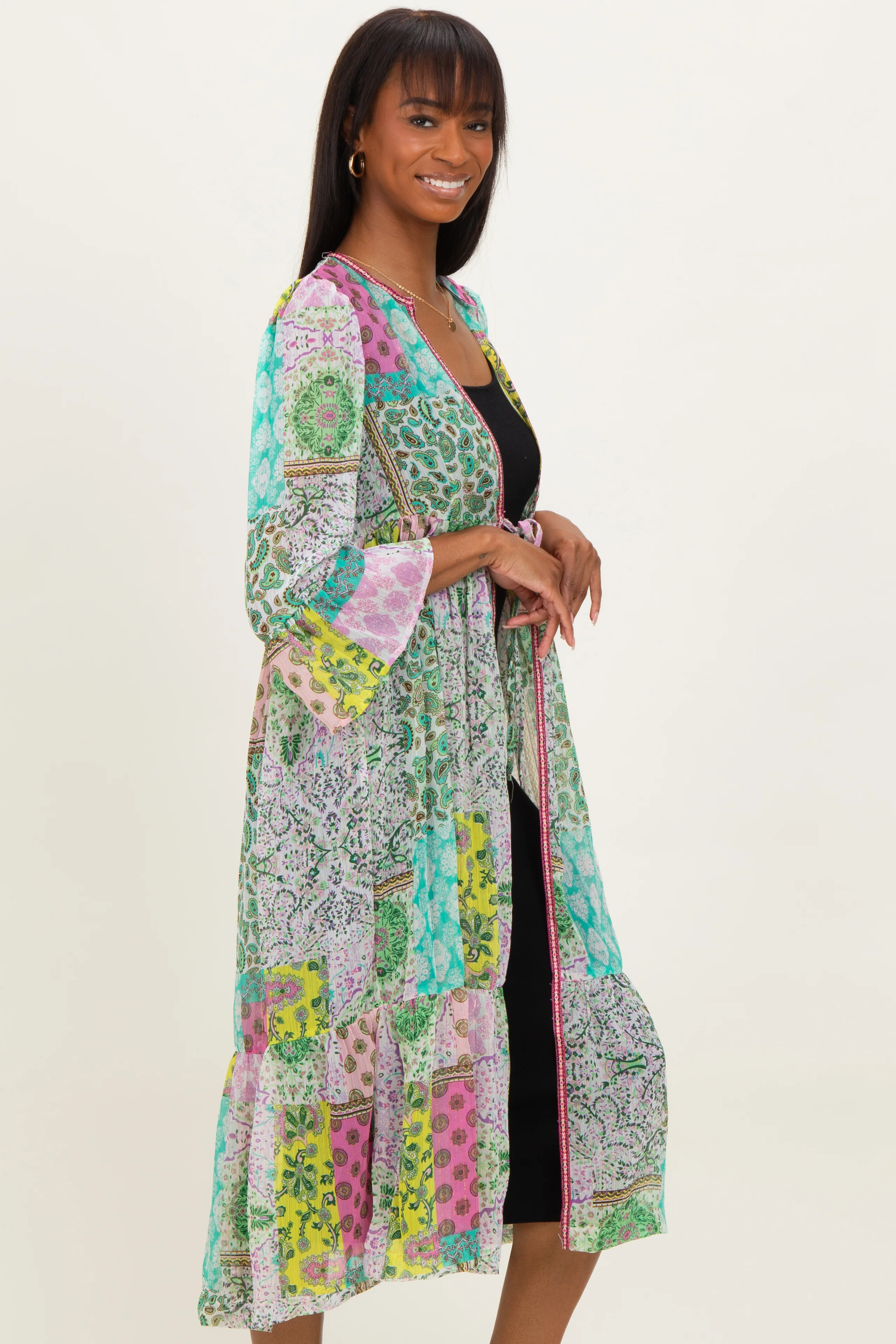 Green Floral Paisley Metallic Striped Tie Front Cover Up - Image 3