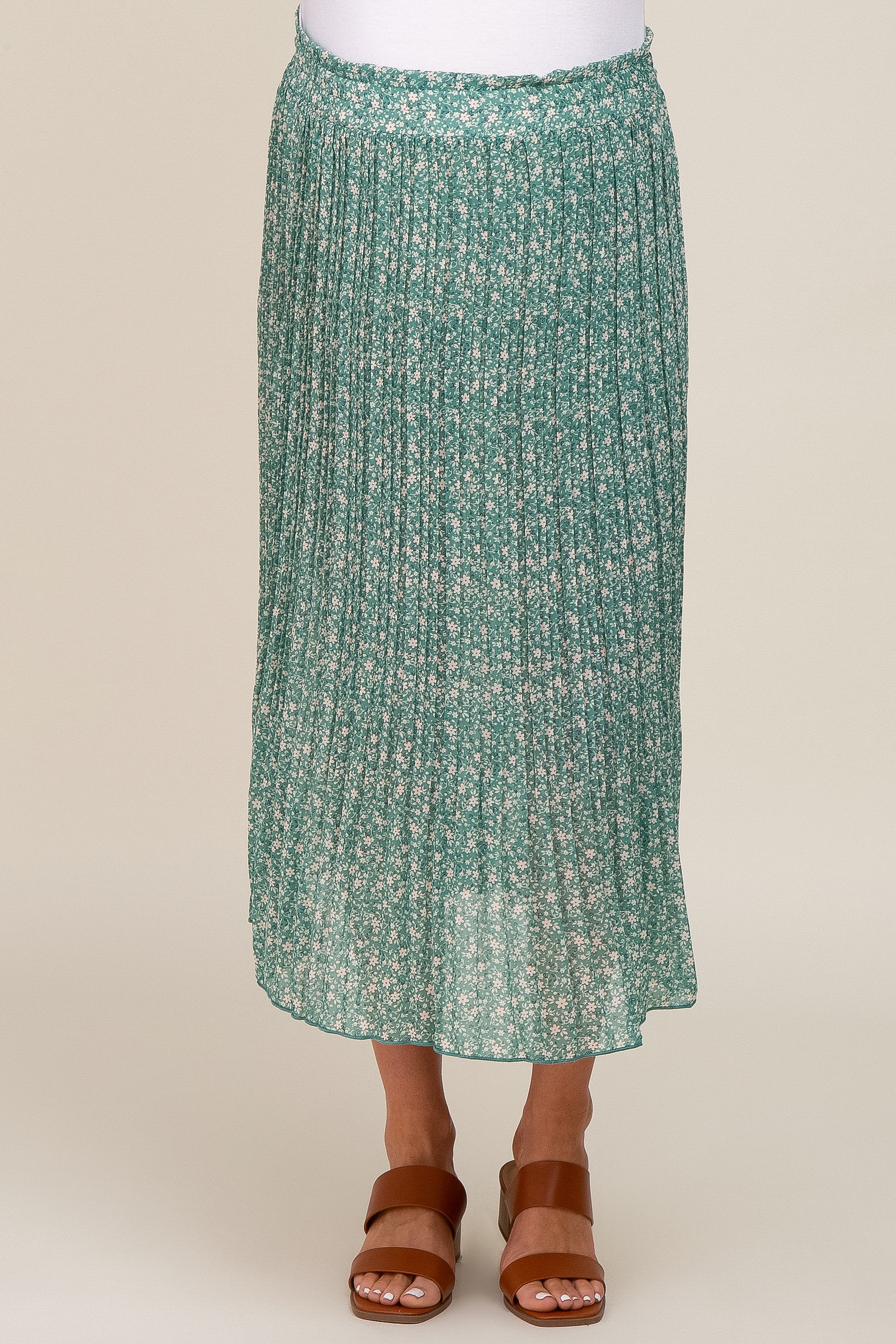 Green Floral Pleated Maternity Midi Skirt - Image 3
