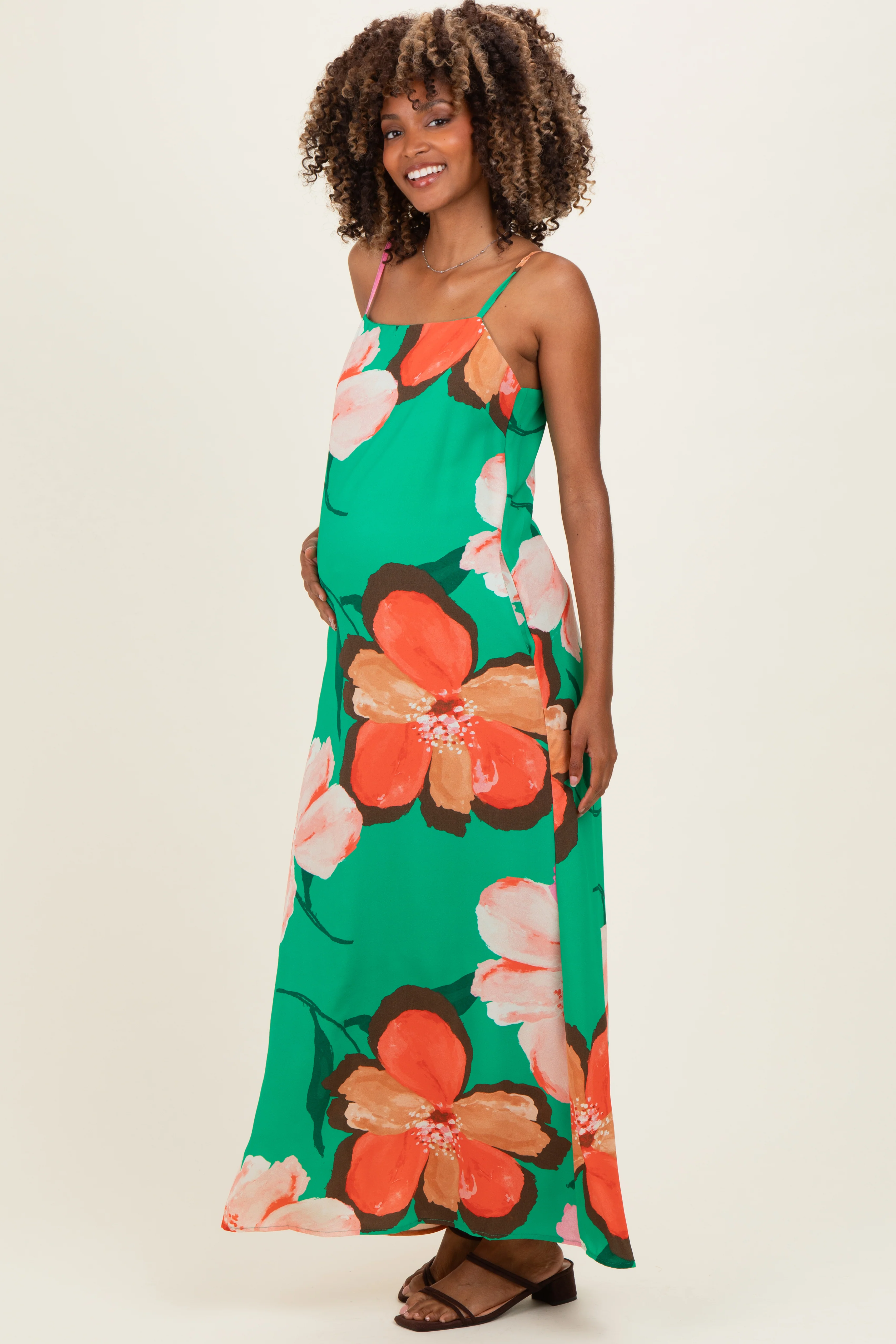 Green Floral Print Sleeveless Maternity Maxi Dress - Image 2