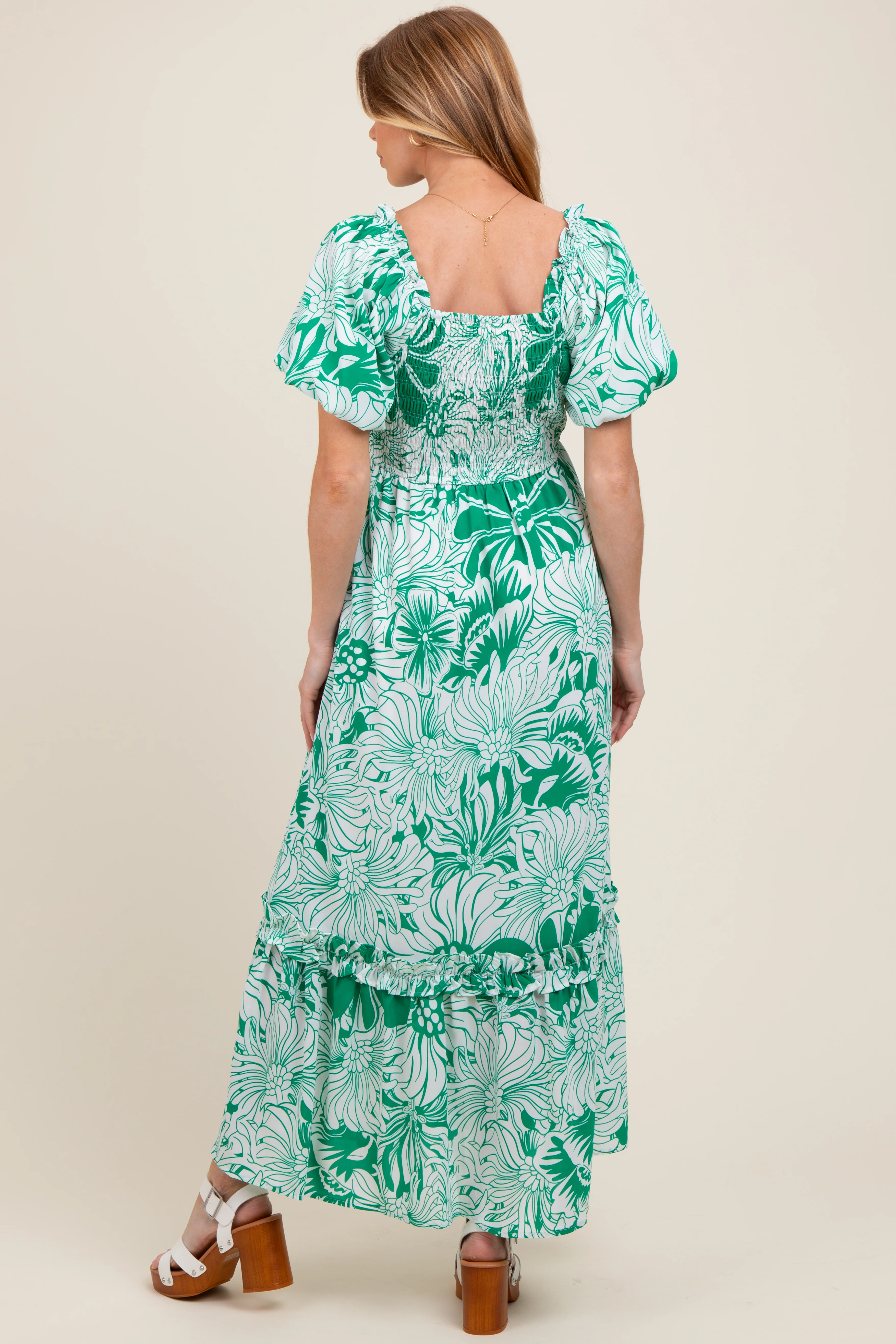 Green Floral Print Smocked Bodice Maternity Maxi Dress - Image 3