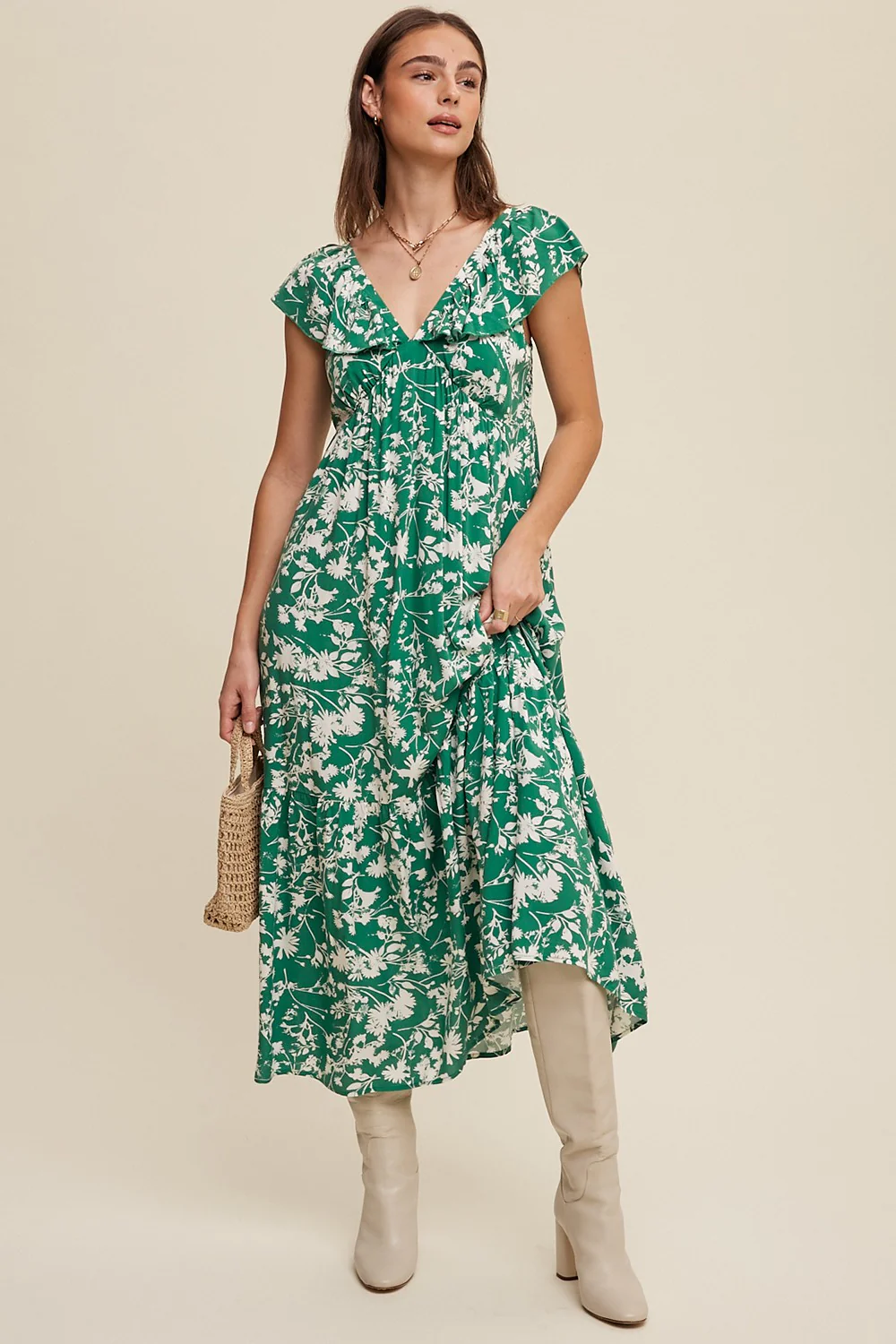 Green Floral Ruffle Midi Dress - Image 2