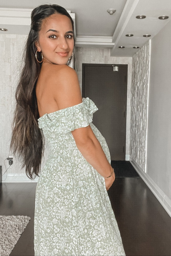 Green Floral Ruffle Off Shoulder Maternity Maxi Dress - Image 16