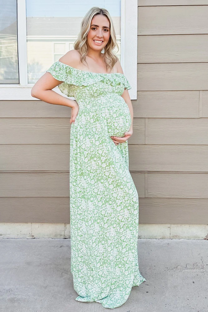 Green Floral Ruffle Off Shoulder Maternity Maxi Dress - Image 19