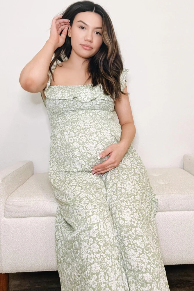 Green Floral Ruffle Off Shoulder Maternity Maxi Dress - Image 5