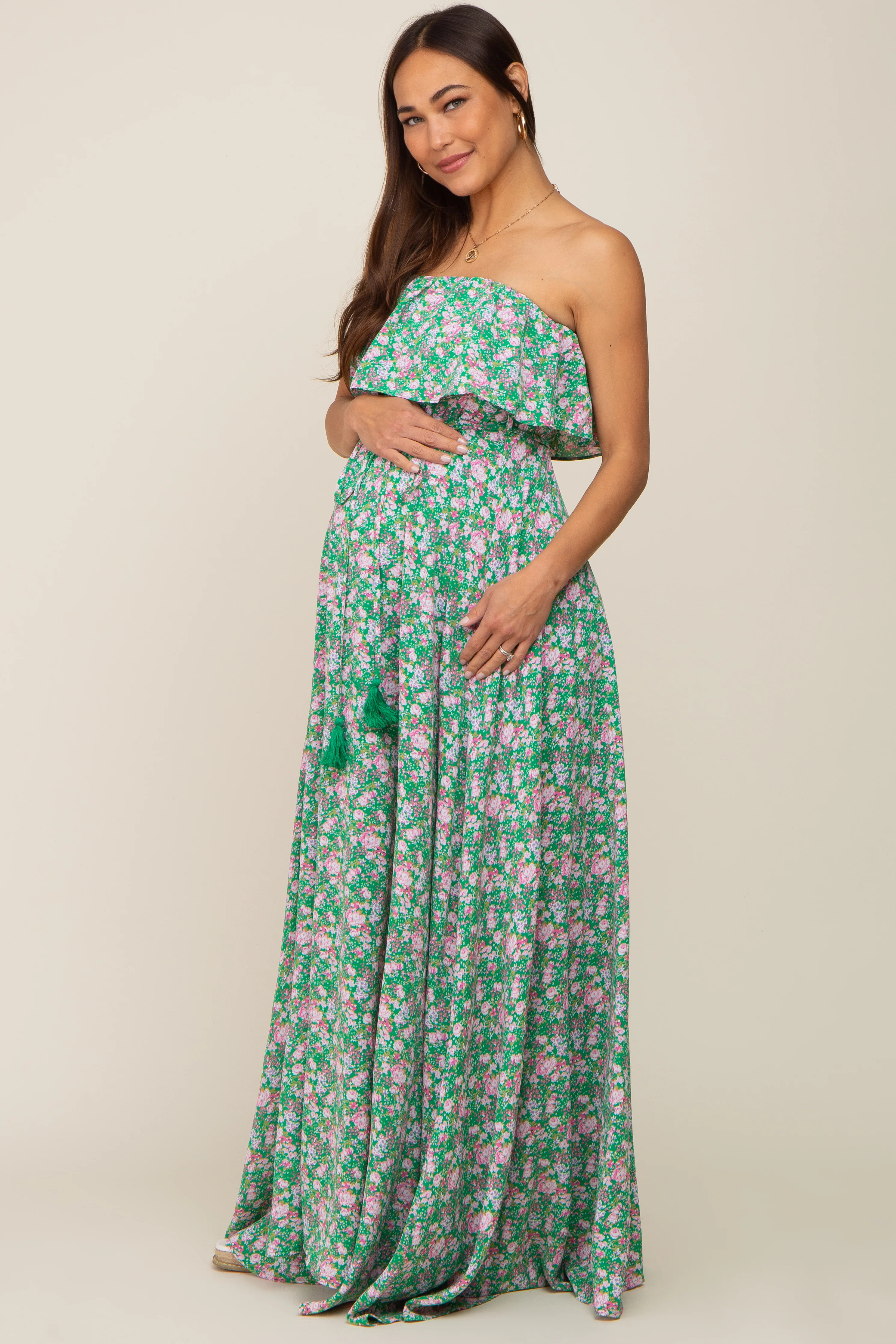 Green Floral Sleeveless Maternity Maxi Dress - Image 2