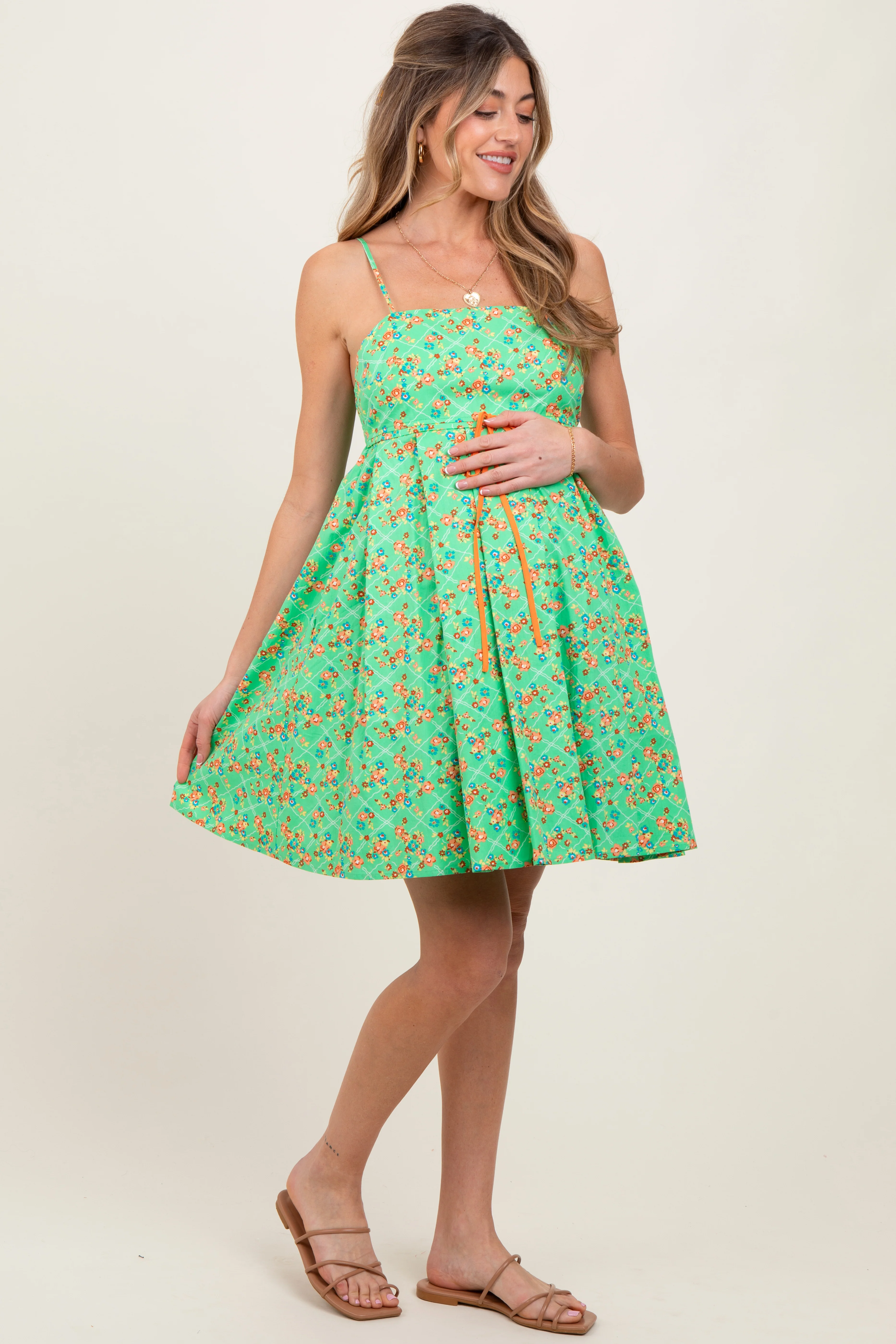Green Floral Sleeveless Maternity Mini Dress - Image 3