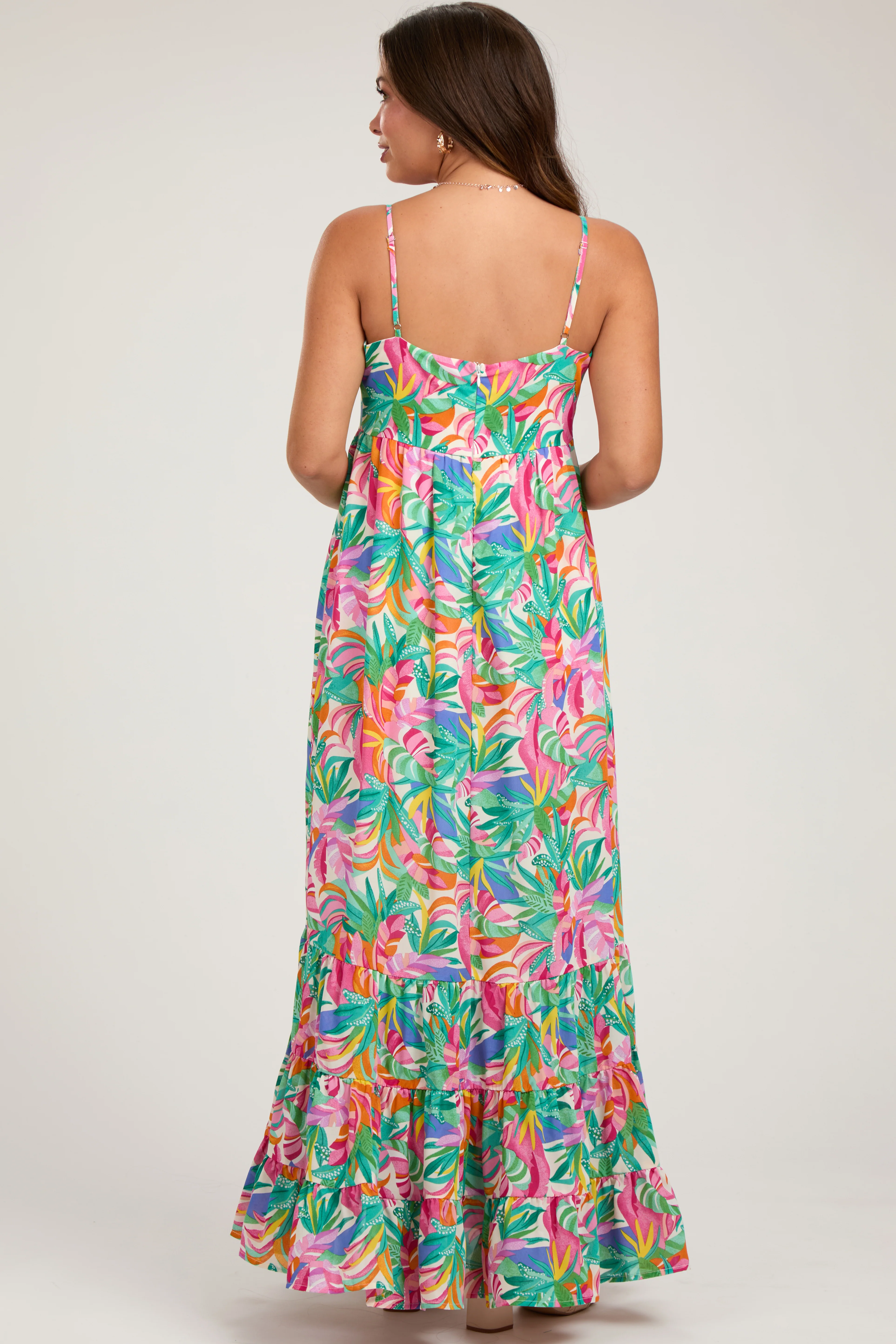 Green Floral Sleeveless Ruffle Hem Maternity Maxi Dress - Image 3