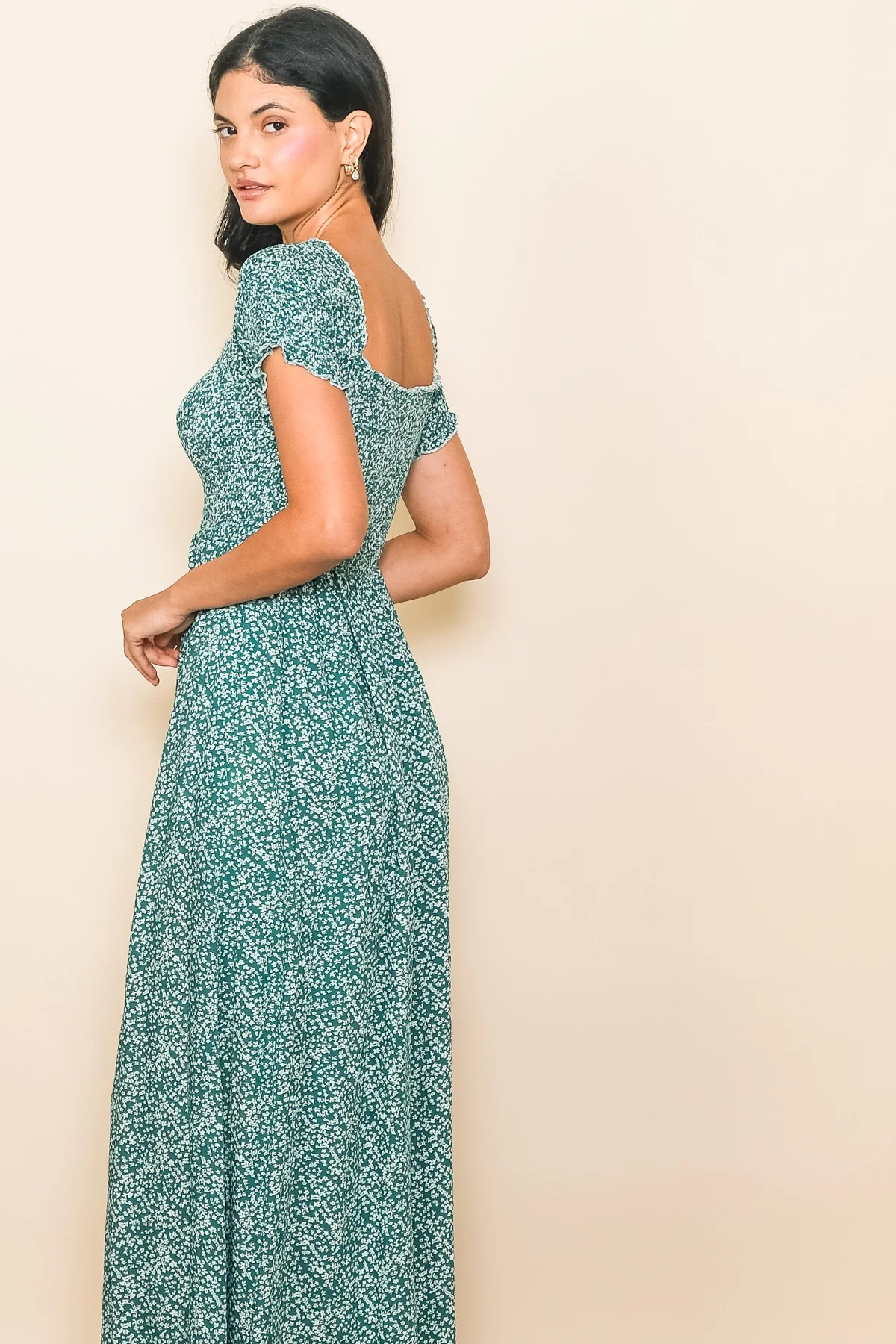 Green Floral Smocked Fitted Sleeve Side Slit Maxi Dress - Image 4