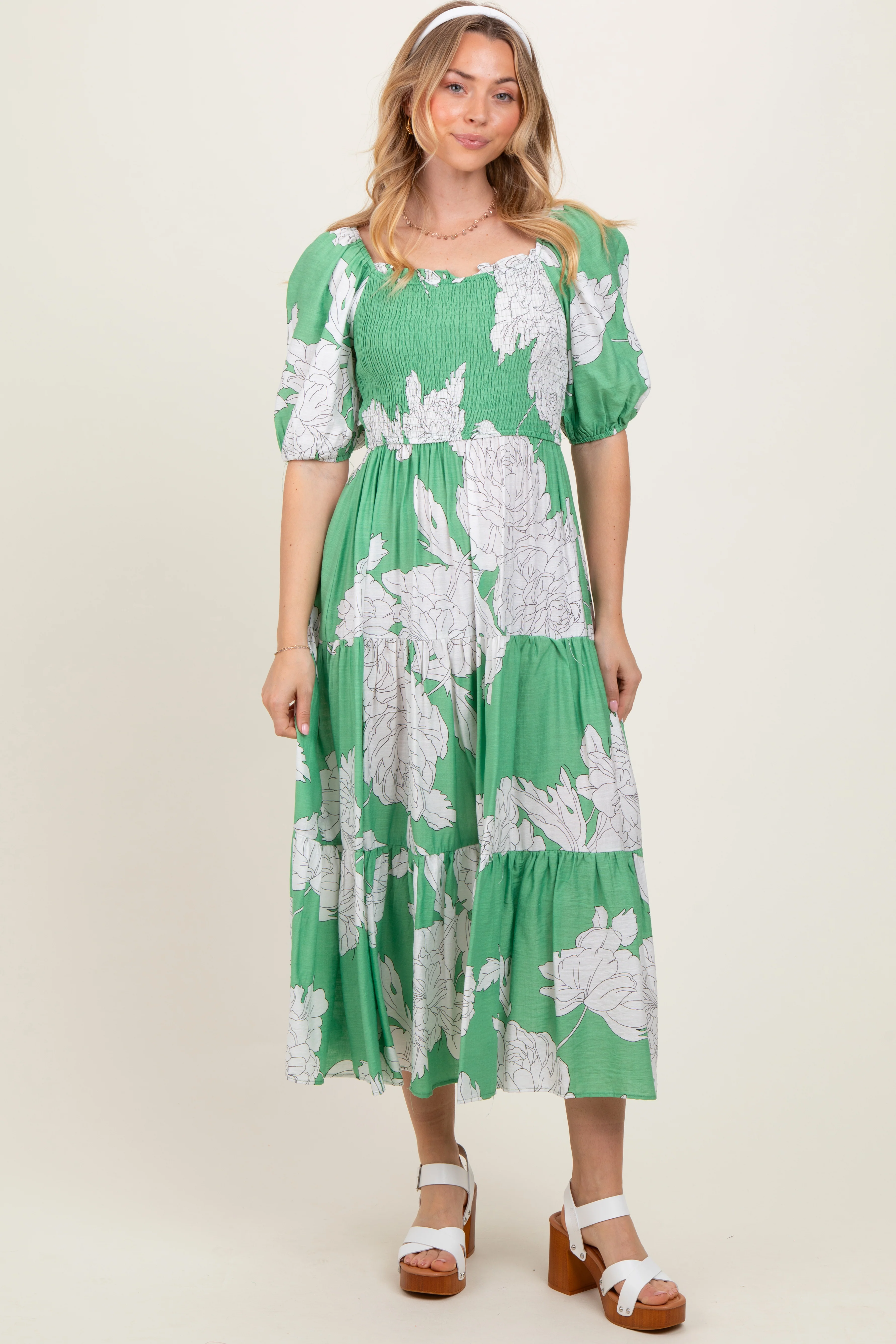 Green Floral Smocked Front Tie Cutout Maternity Maxi Dress - Image 5