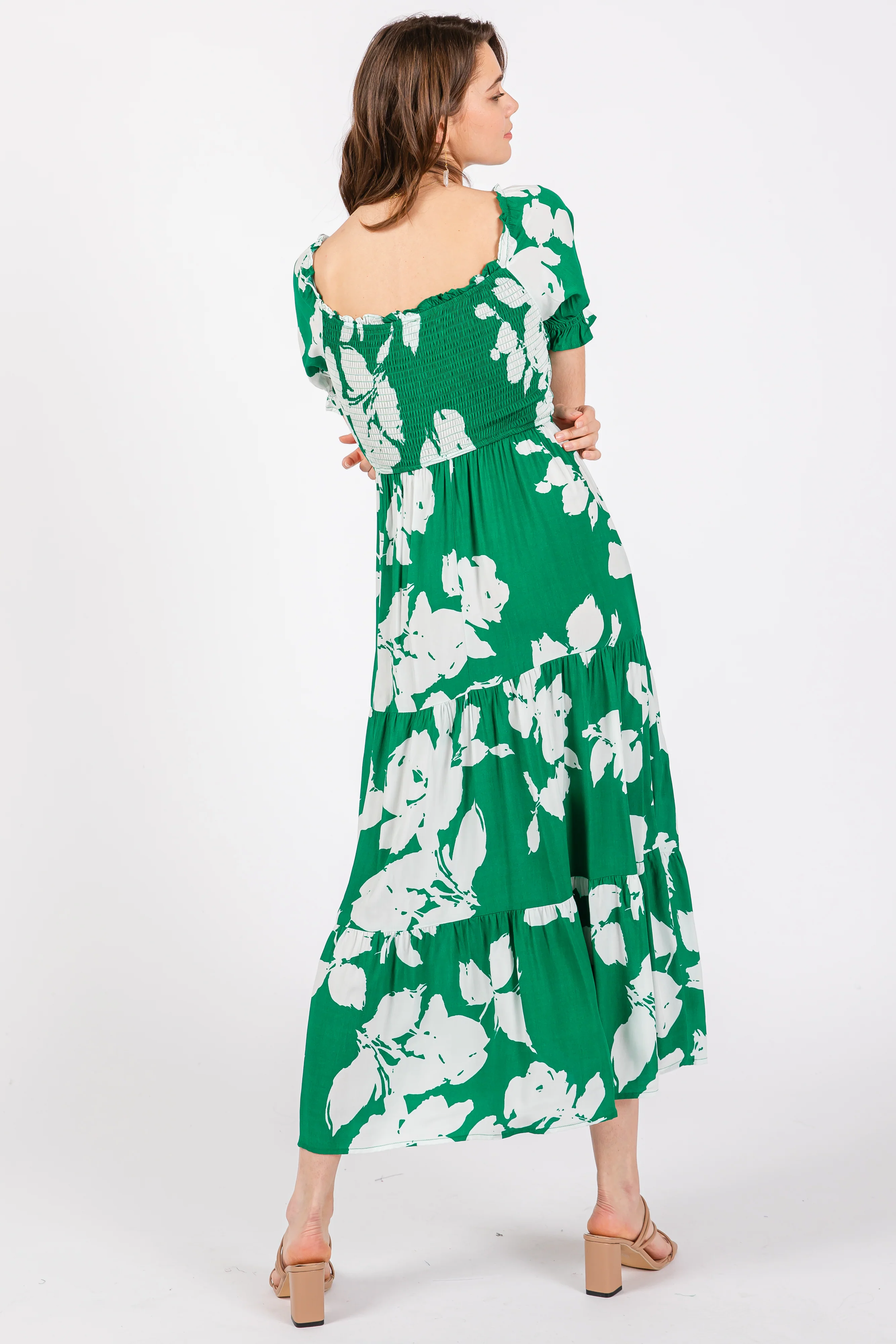 Green Floral Smocked Knotted Top Maxi Dress - Image 3