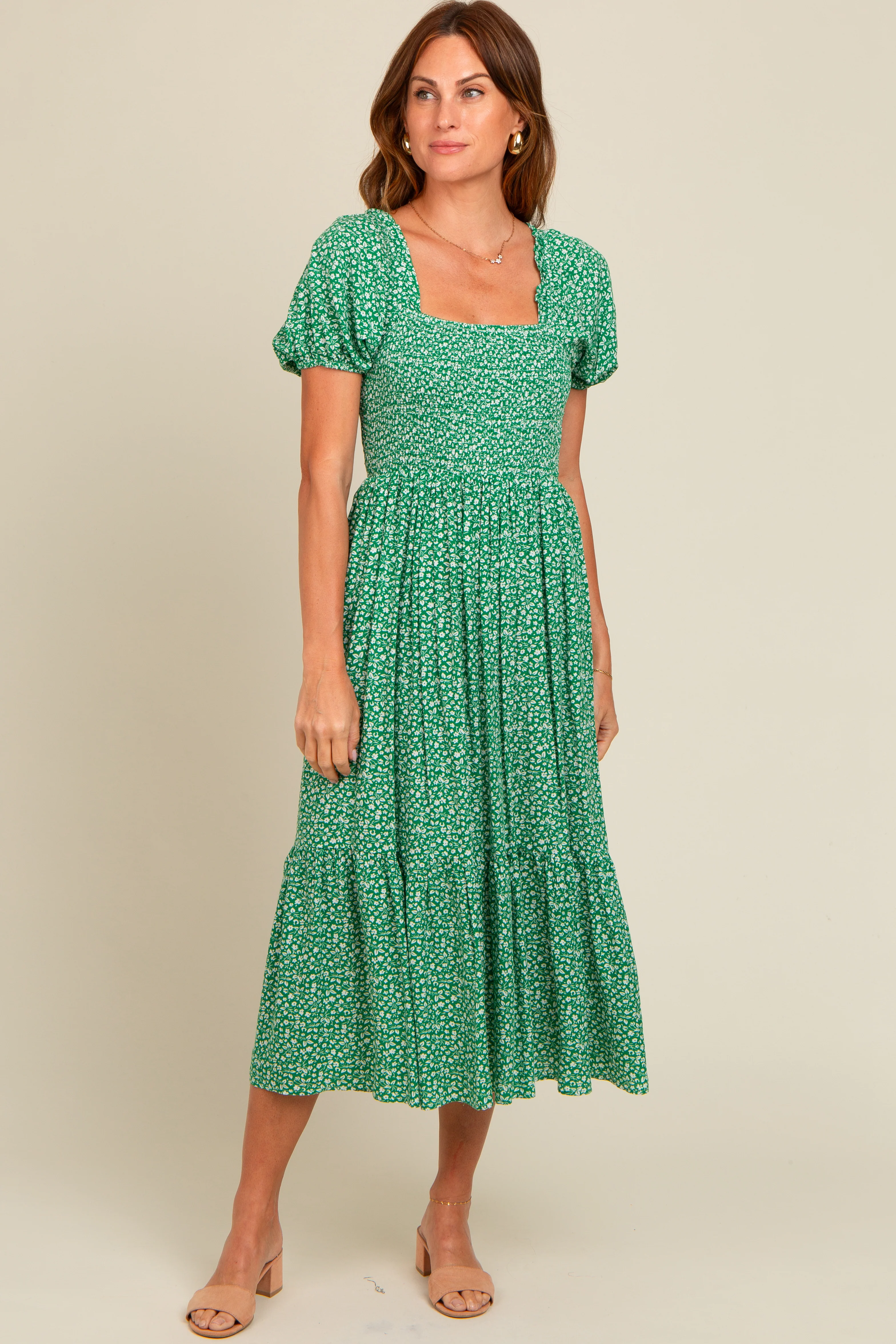 Green Floral Smocked Ruffle Hem Midi Dress - Image 4