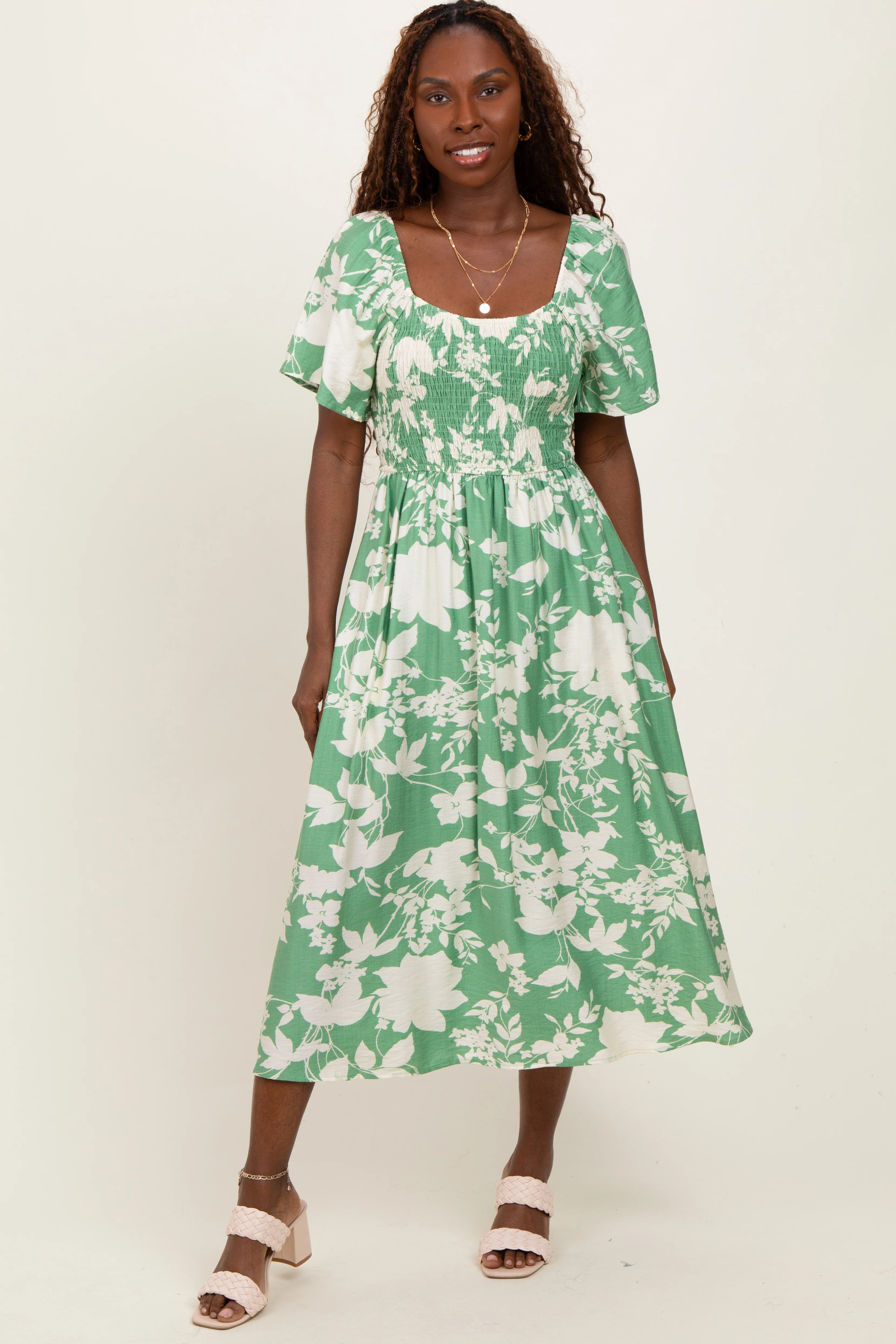 Green Floral Smocked Short Sleeve Maternity Midi Dress - Image 3