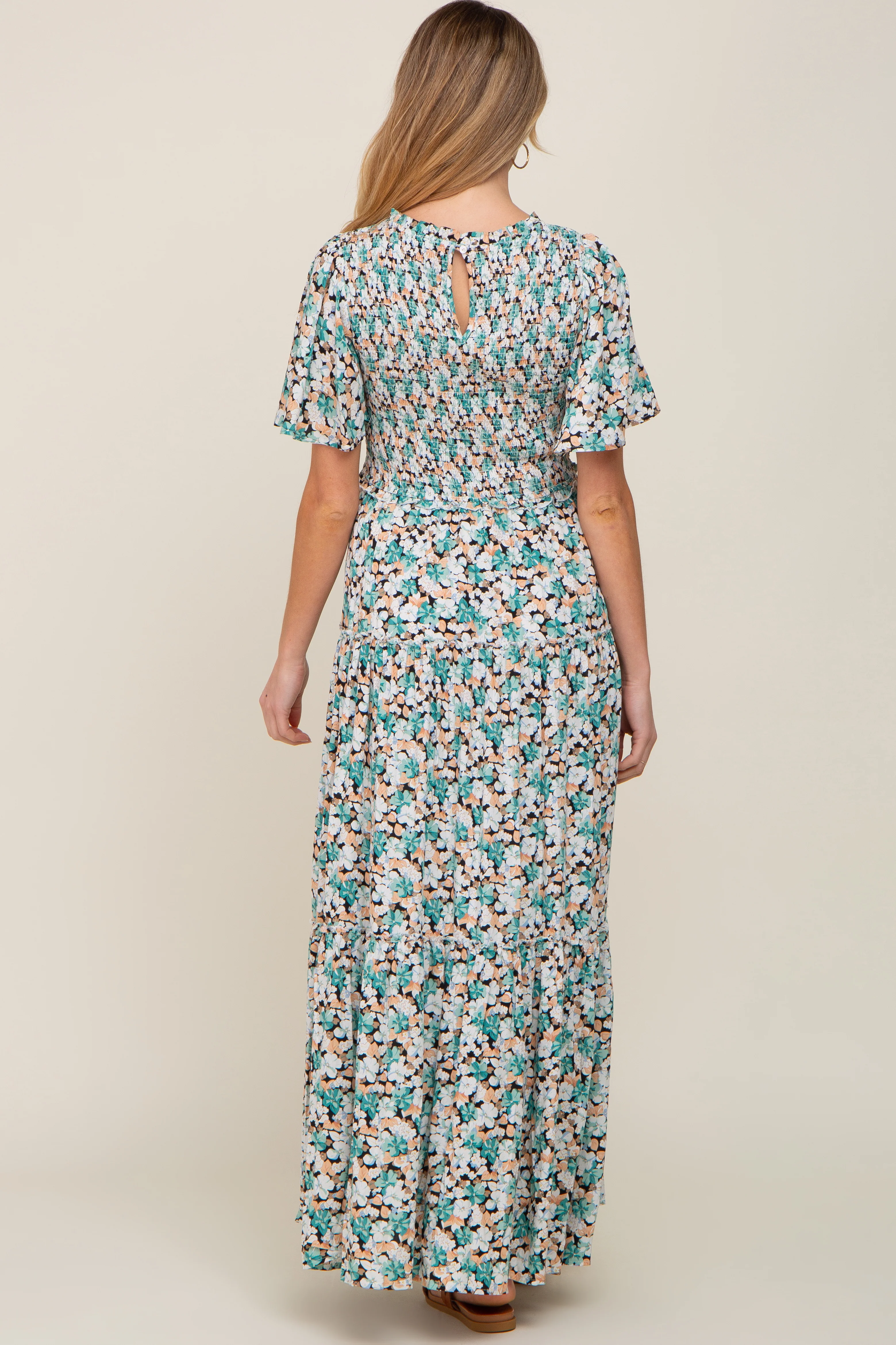 Green Floral Smocked Tiered Maternity Maxi Dress - Image 3