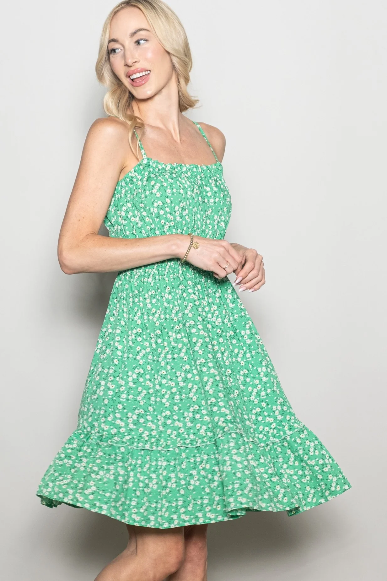 Green Floral Smocked Waist Ruffle Accent Dress - Image 3