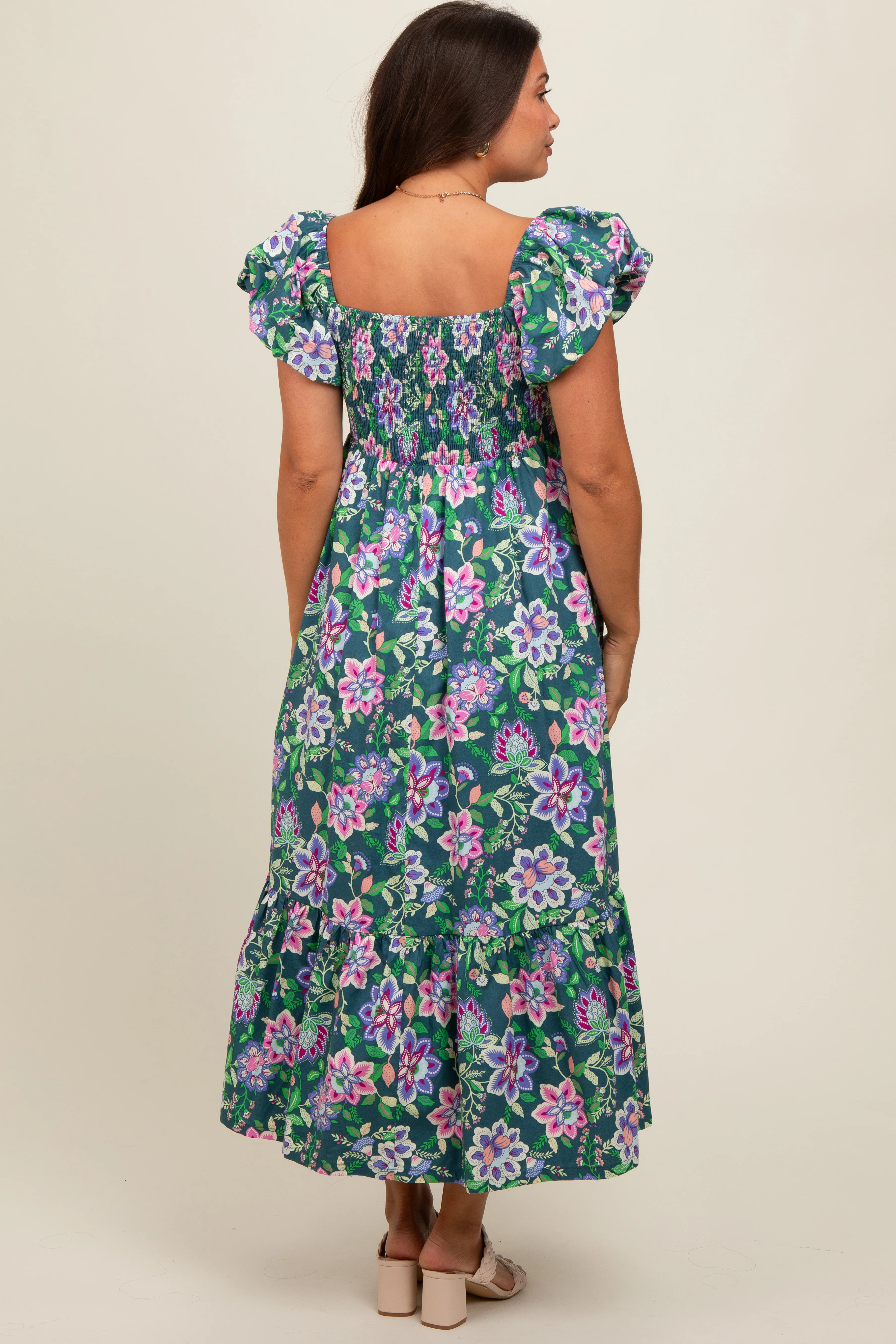Green Floral Square Neck Puffy Sleeves Maternity Dress - Image 3
