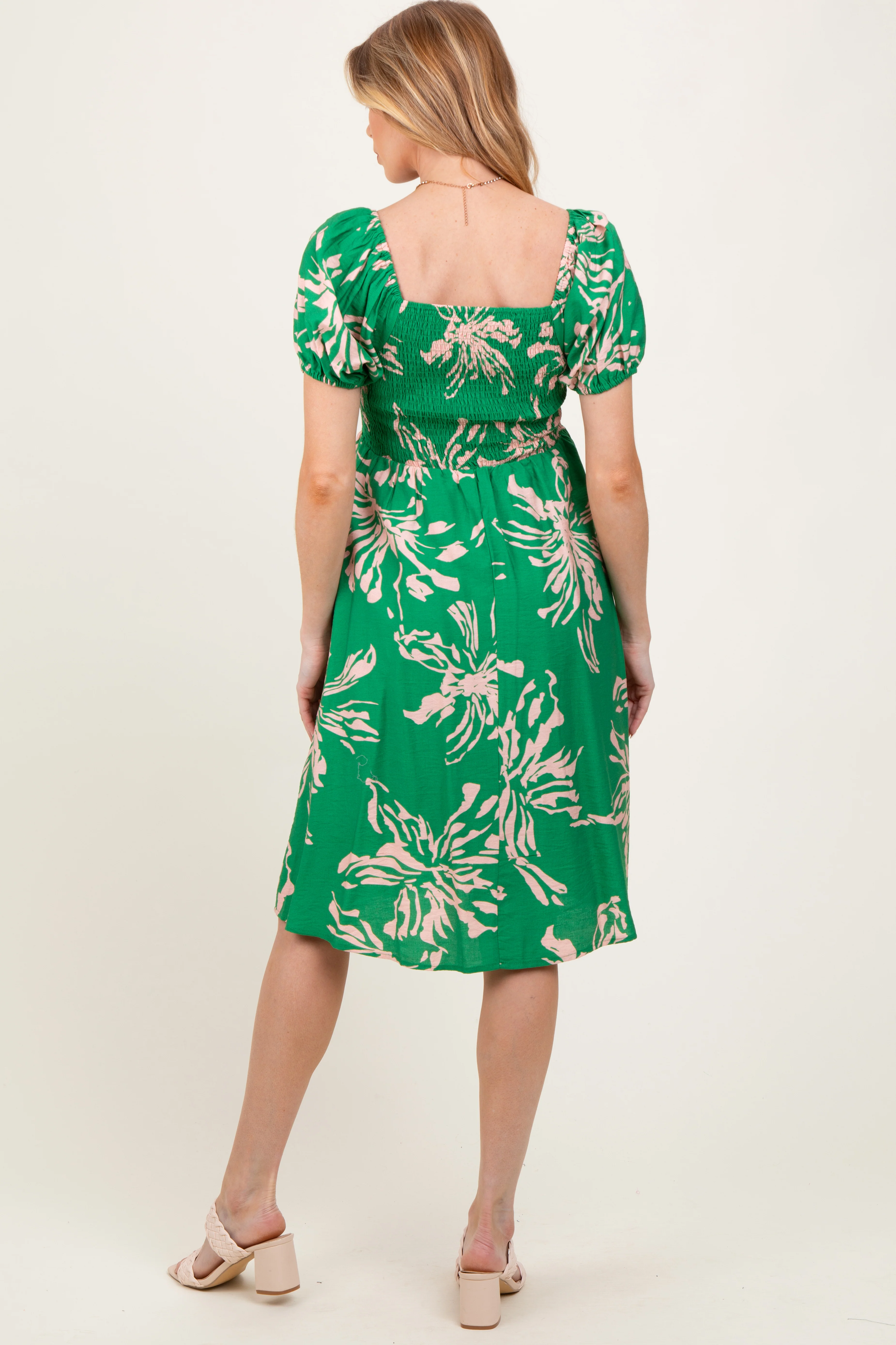 Green Floral Square Neck Short Sleeve Maternity Dress - Image 4