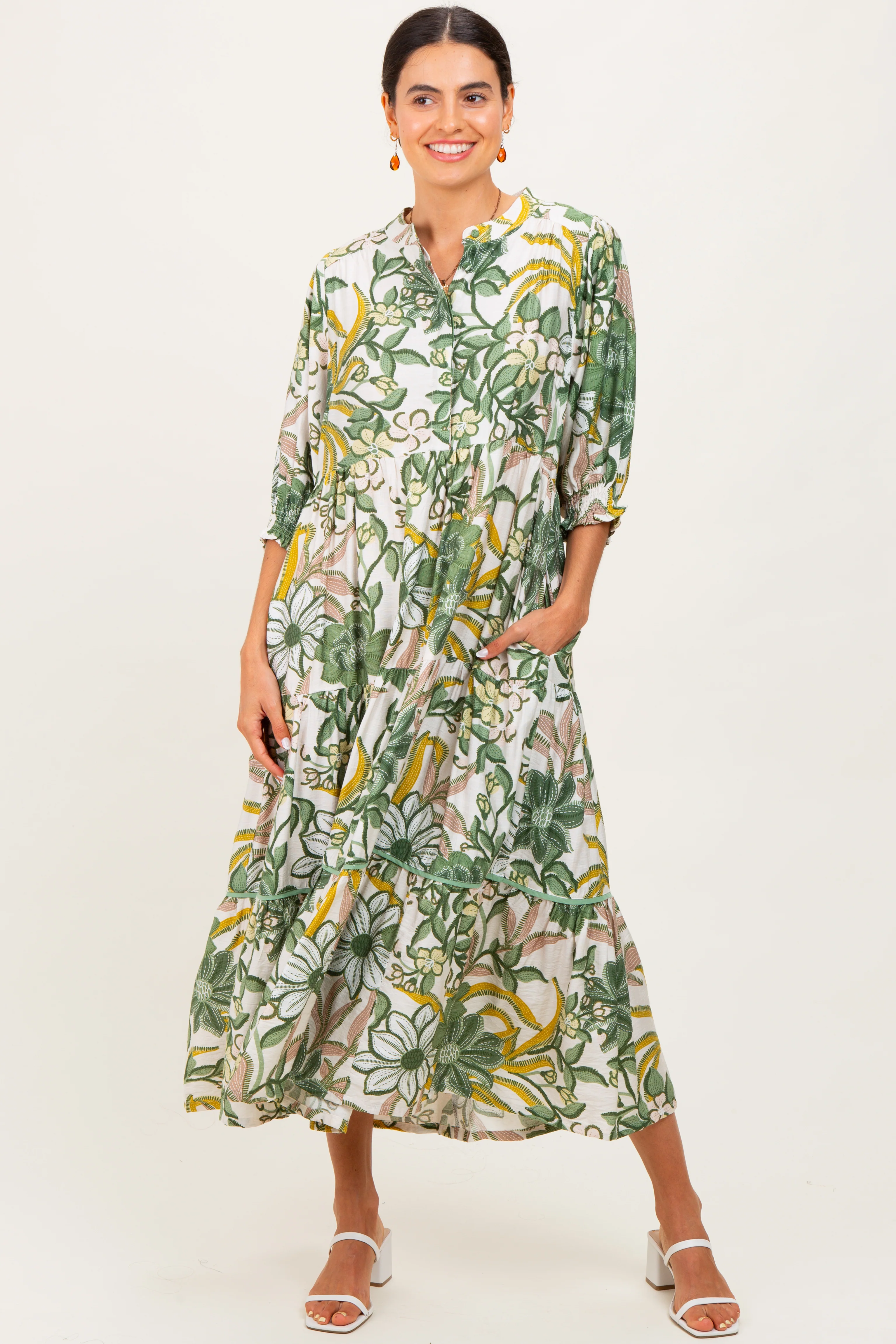 Green Floral Tiered Short Sleeve Maternity Midi Dress - Image 5