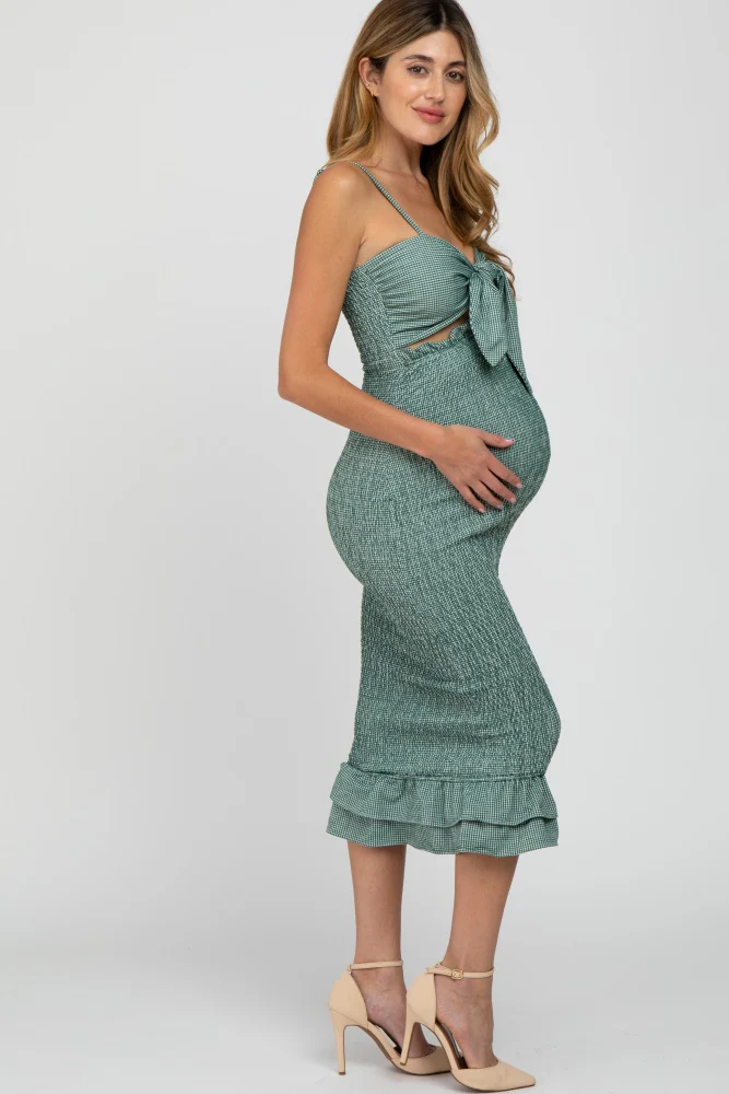 Green Gingham Print Smocked Fitted Self-Tie Maternity Midi Dress - Image 3