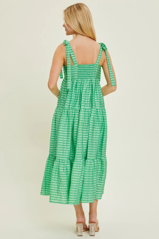 Green Gingham Shoulder Tie Dress - Image 3
