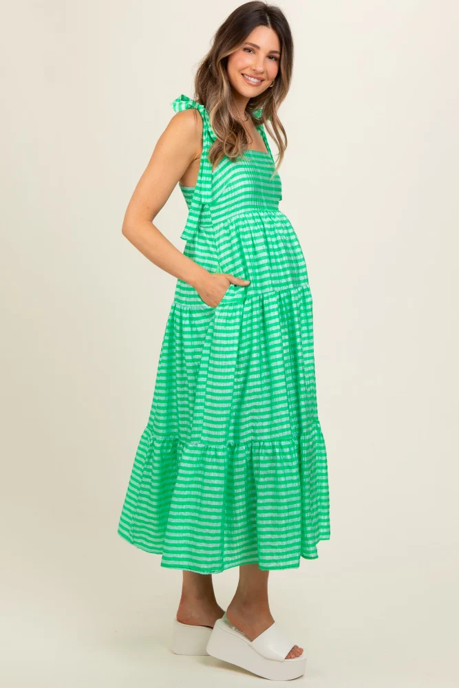 Green Gingham Shoulder Tie Maternity Dress - Image 4