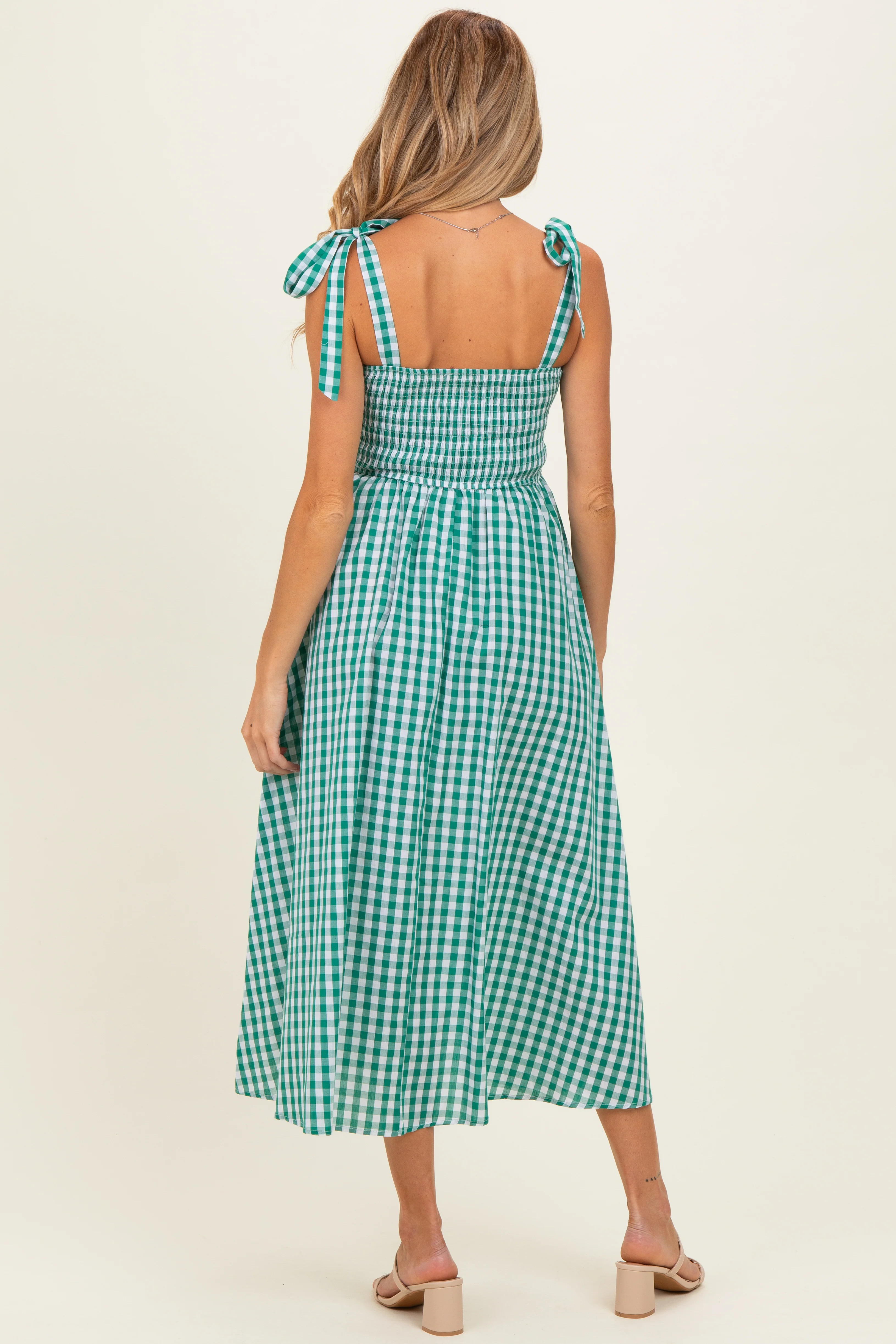 Green Gingham Smocked Shoulder Tie Maternity Midi Dress - Image 3