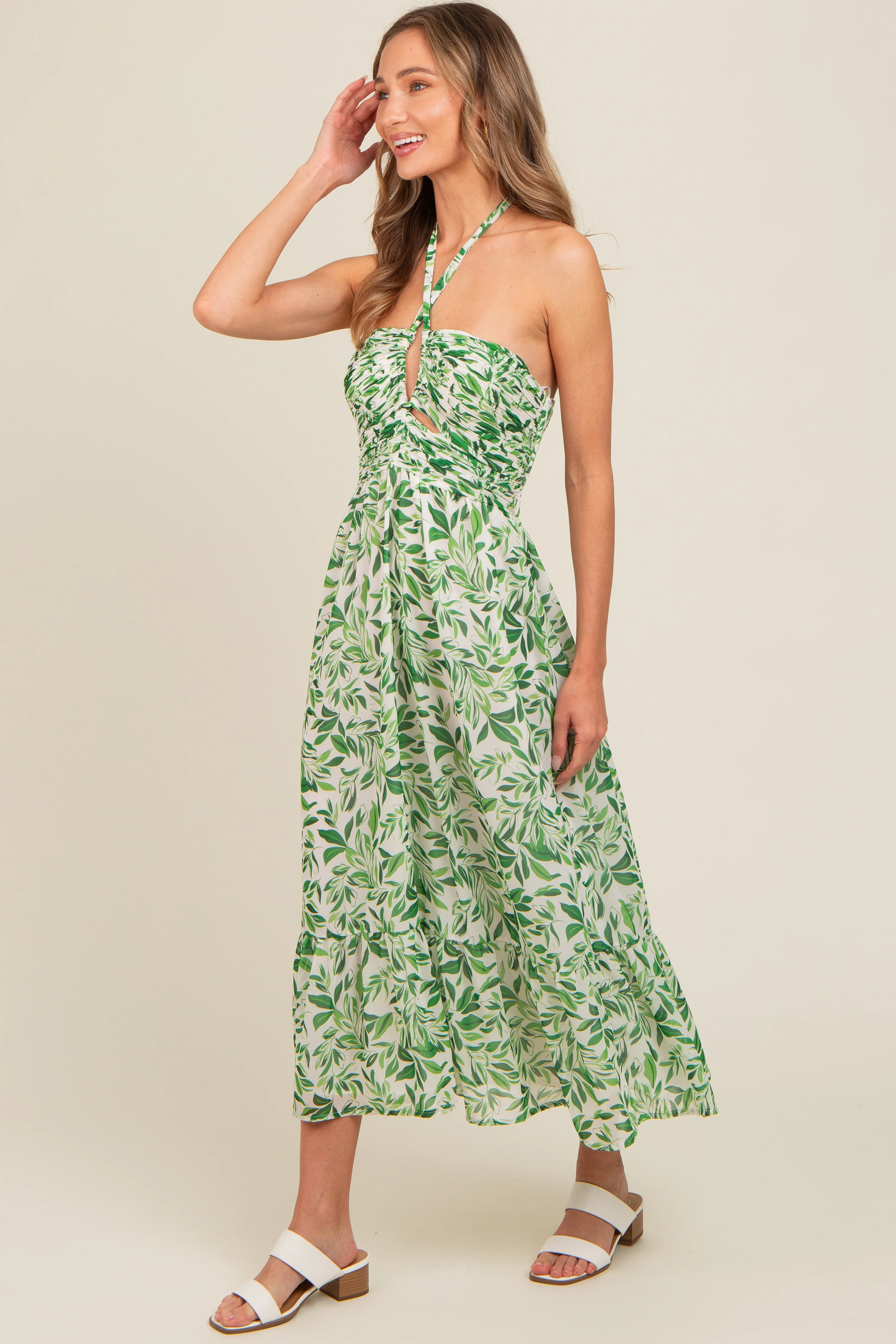 Green Leaf Print Halter Keyhole Midi Dress - Image 3