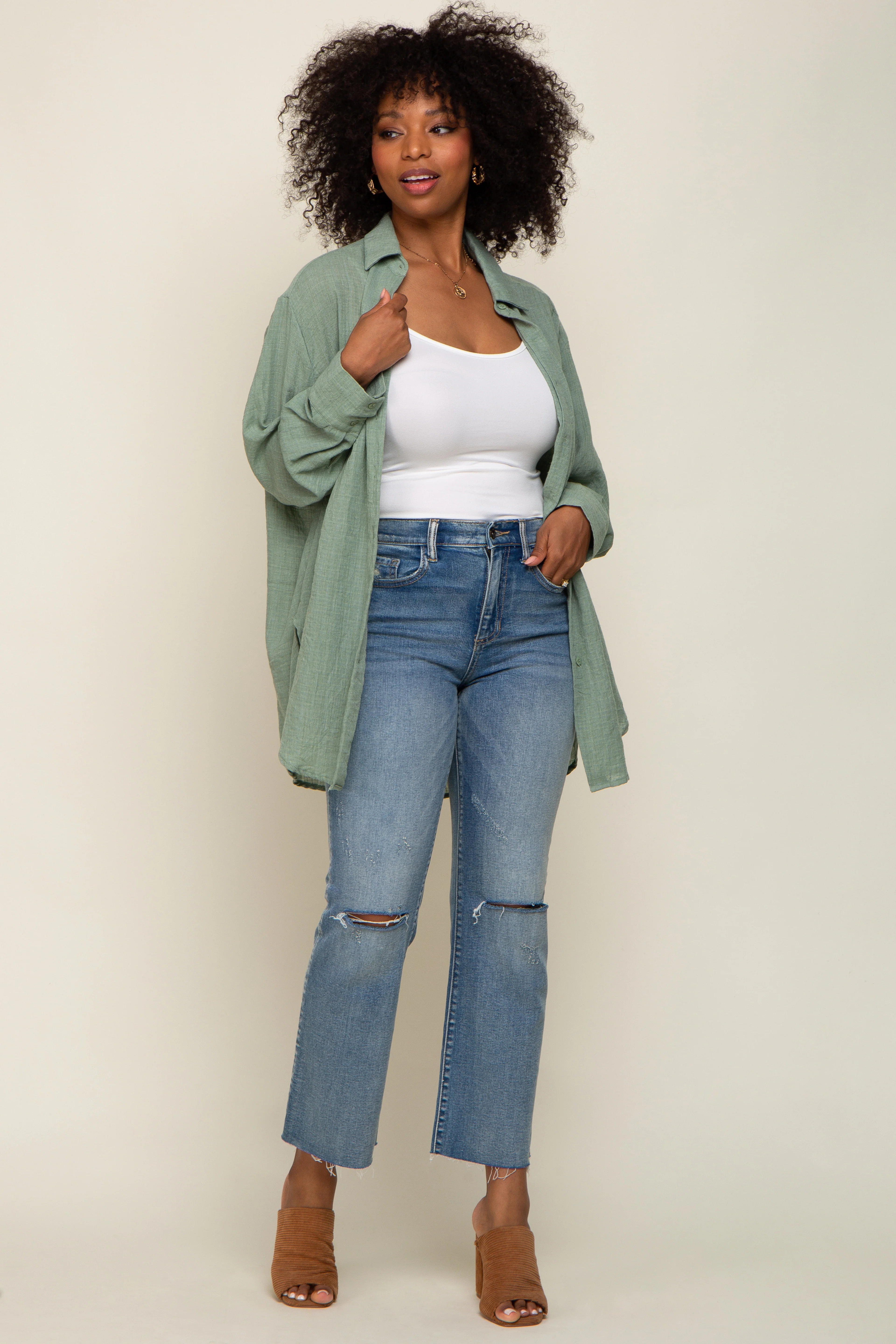 Green Lightweight Sheer Button Down Maternity Blouse - Image 6