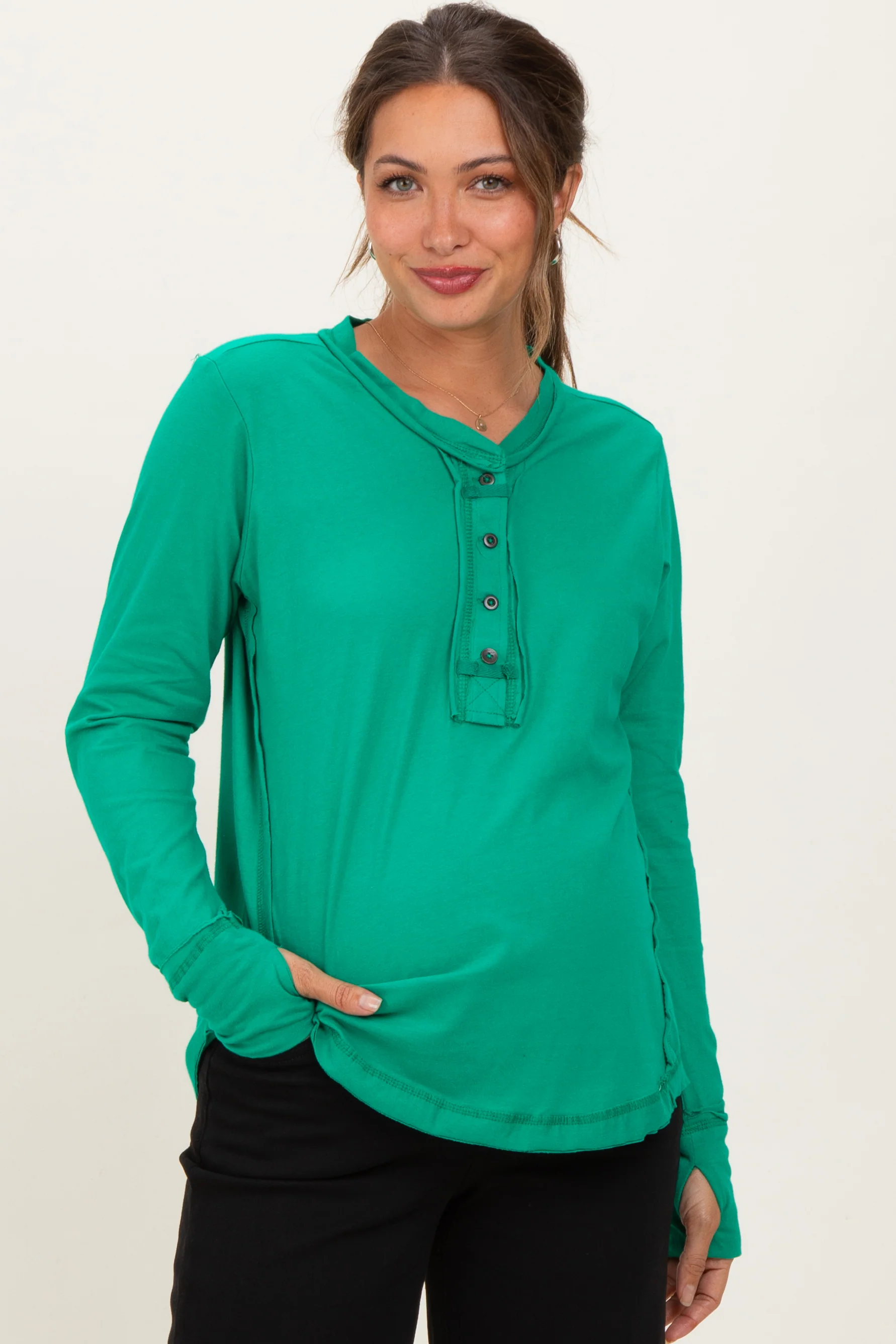 Green Long Sleeve Exposed Seam Maternity Top - Image 2