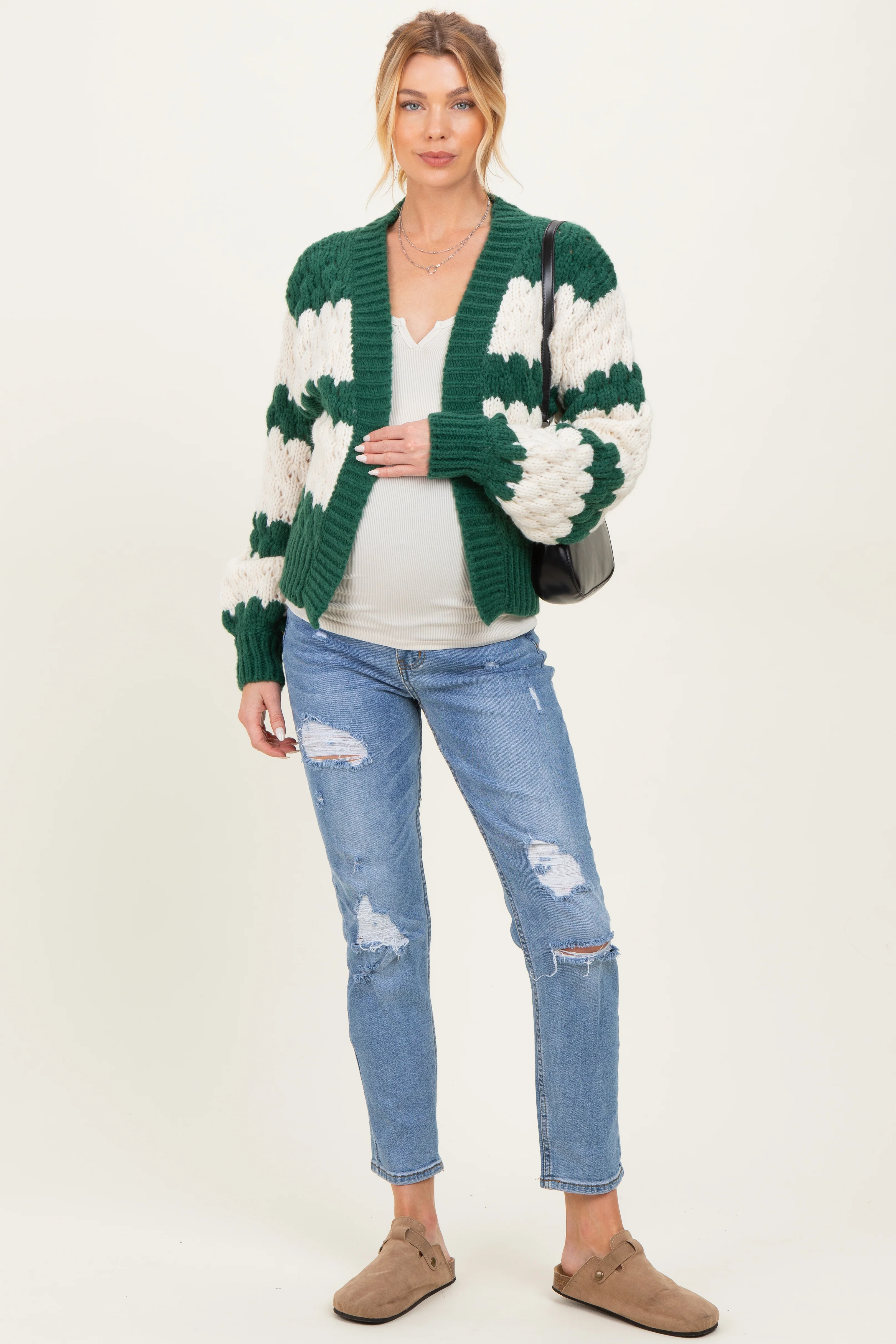Green Oversized Cloud Pattern Knit Maternity Cardigan - Image 3
