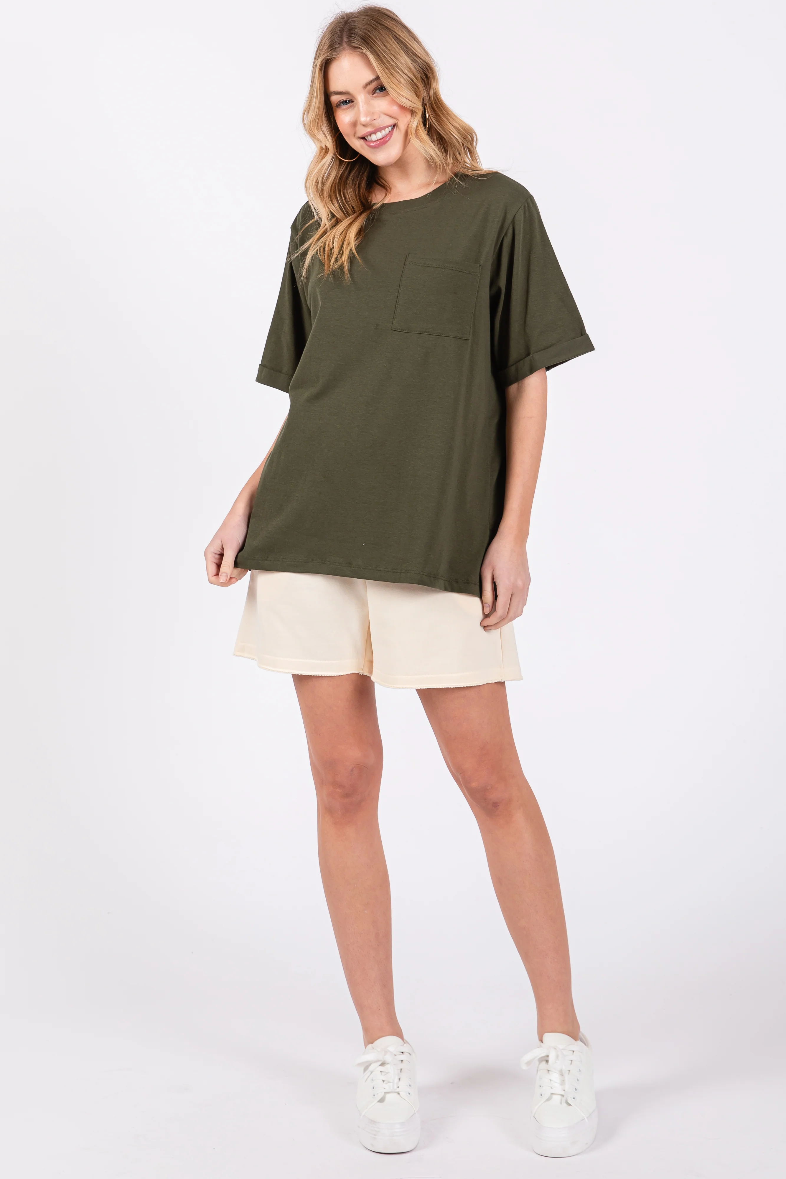 Green Oversized Pocket Front Short Sleeve Top - Image 4