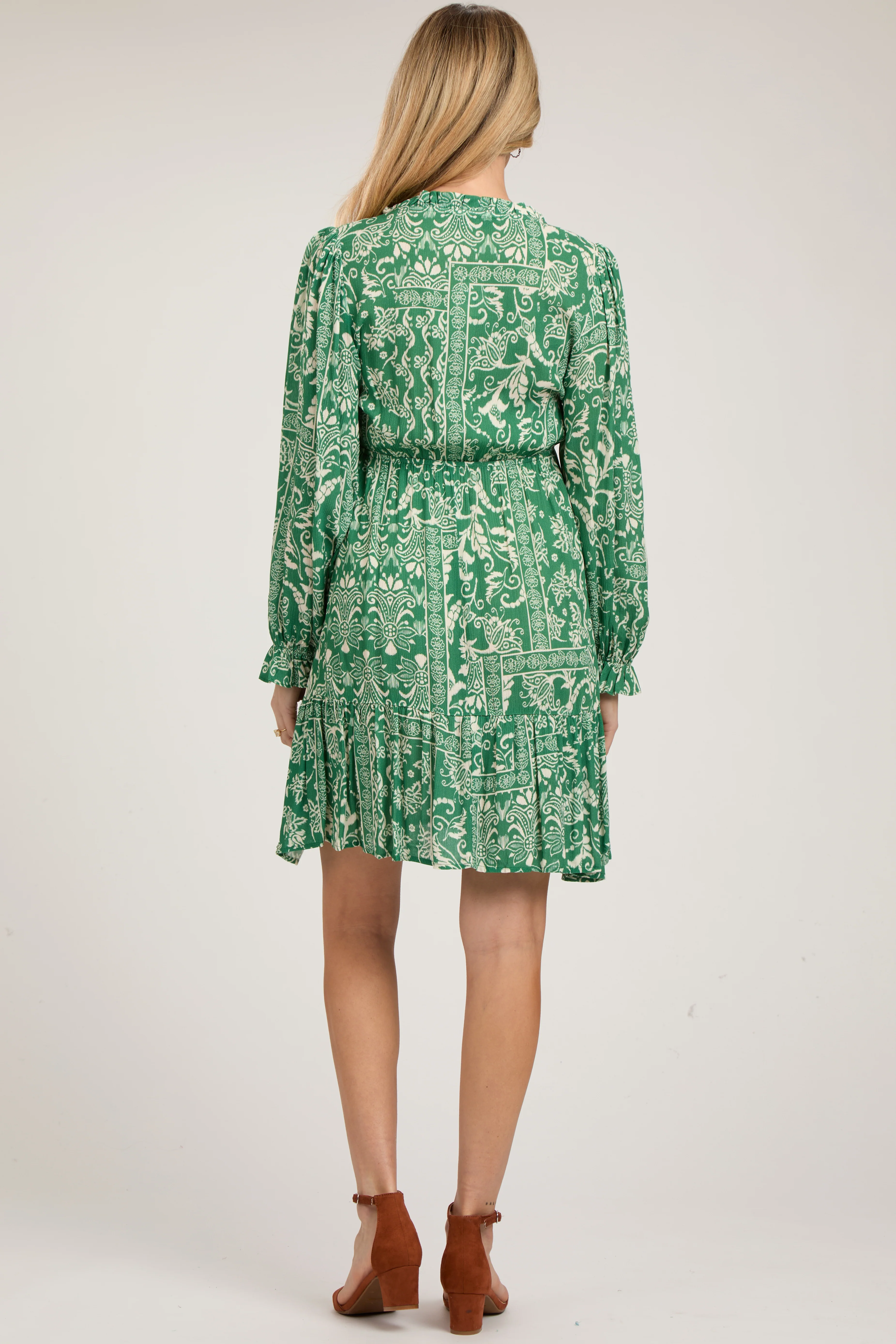 Green Paisley Floral Ruffle Neck Button Front Maternity Dress - Image 3