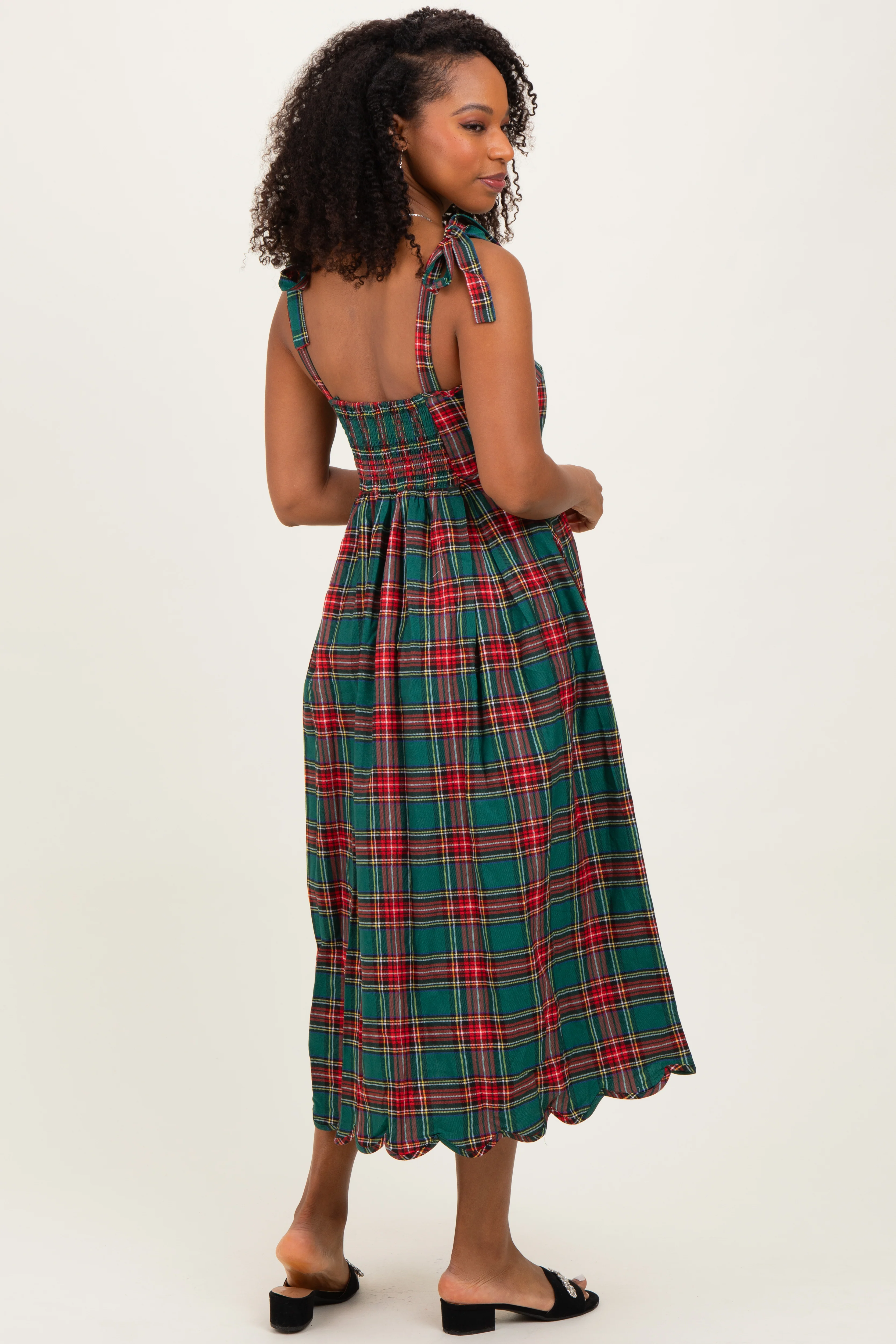 Green Plaid Shoulder Tie Scallop Hem Midi Dress - Image 3