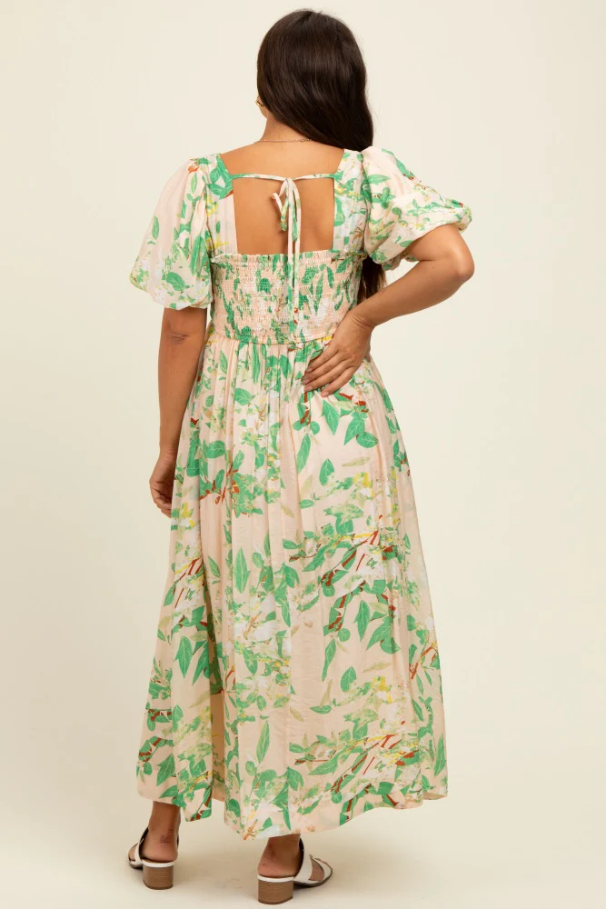 Green Print Puff Sleeve Square Neck Maternity Maxi Dress - Image 4