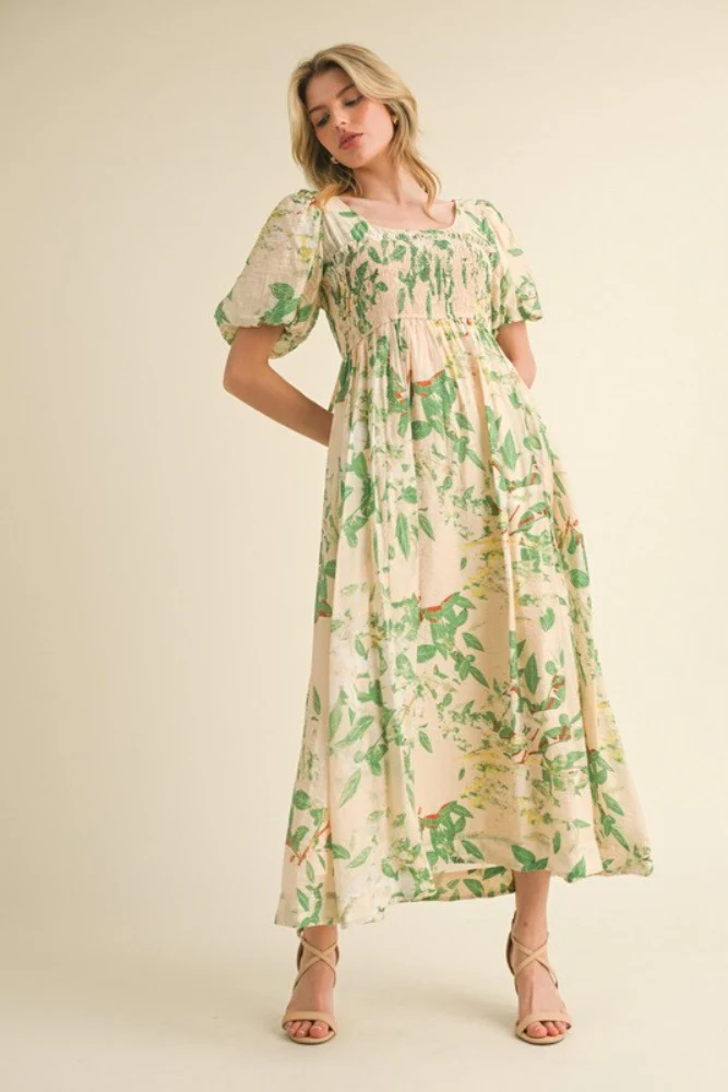Green Print Puff Sleeve Square Neck Maternity Maxi Dress - Image 5