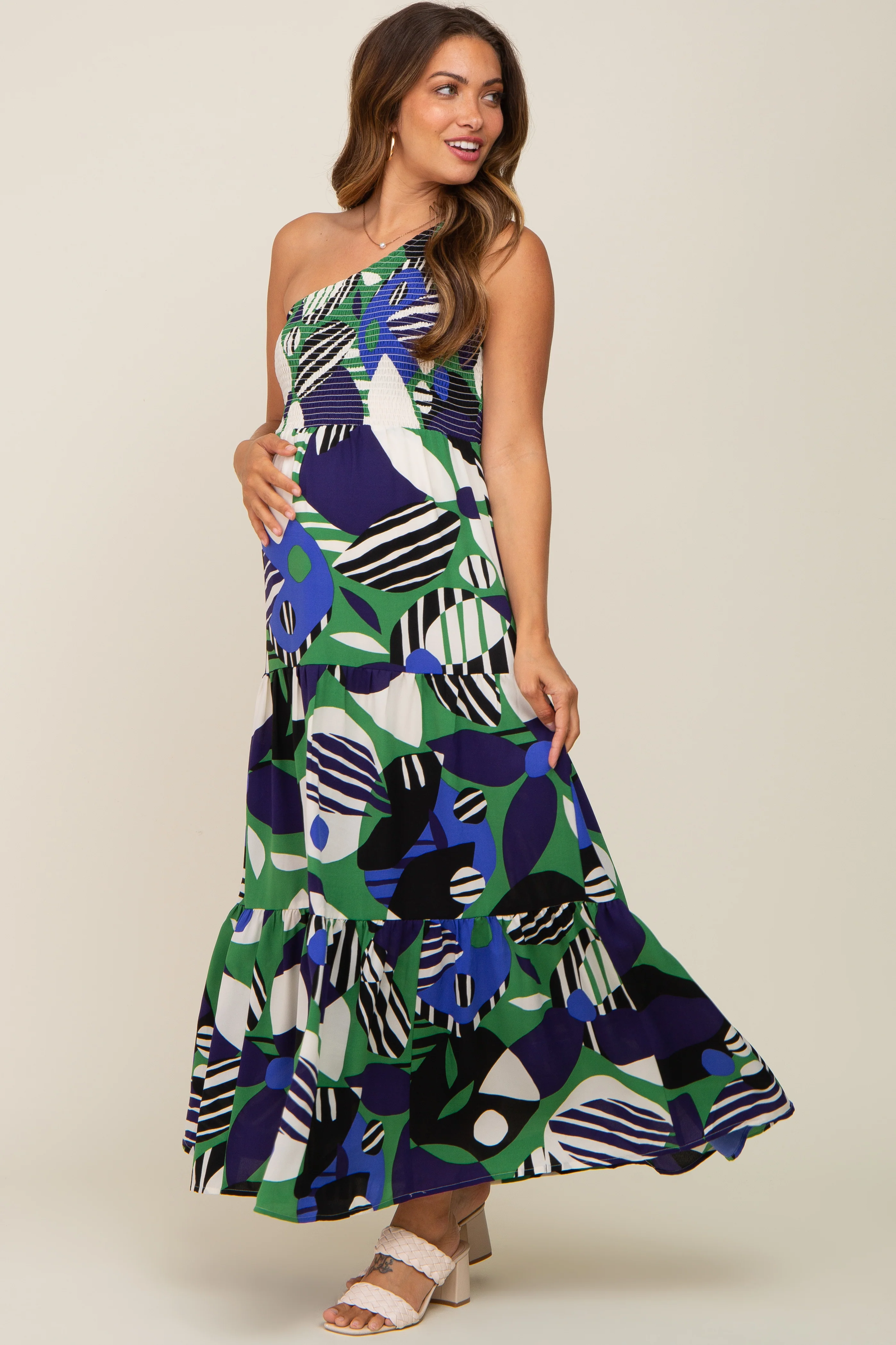 Green Printed One Shoulder Tiered Maternity Maxi Dress - Image 4