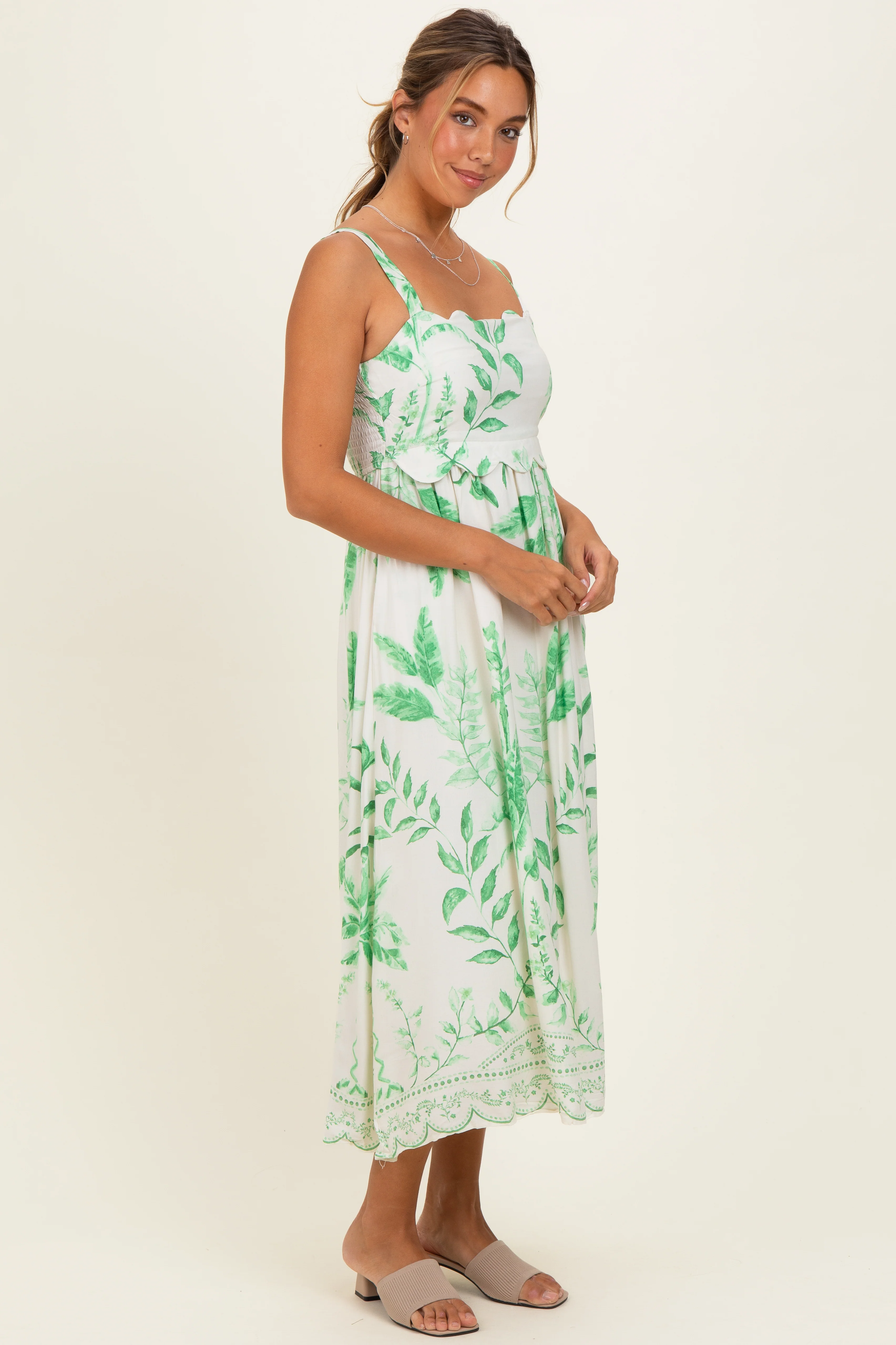 Green Printed Scallop Detail Sleeveless Midi Dress - Image 3